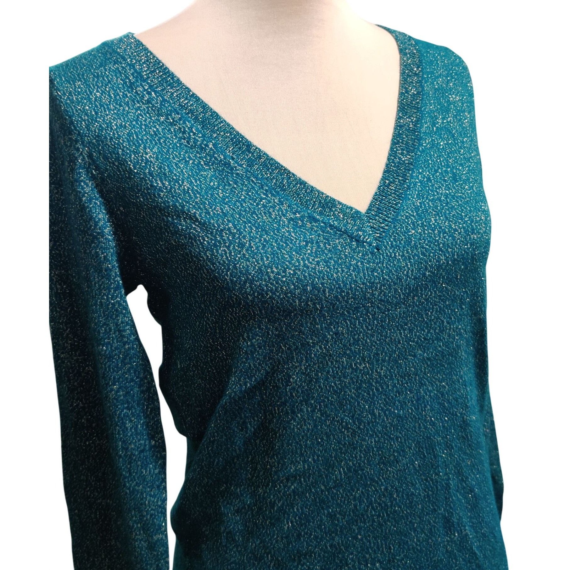 Mossimo Mossimo M Womens Green Gold Sweater Metallic V Neck Sparkle Size M / US 6-8 / IT 42-44 - 2 Thumbnail