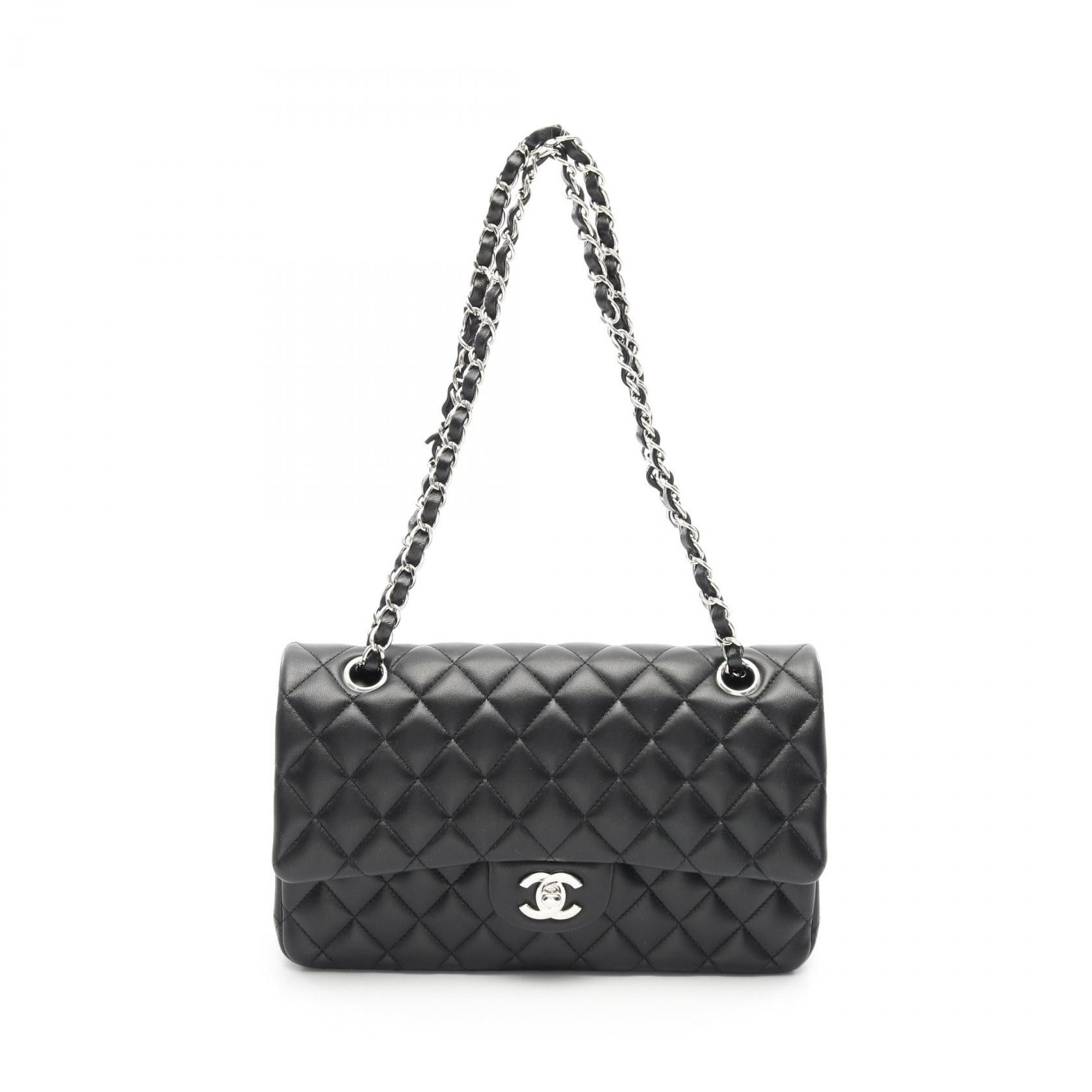 Chanel Chanel Matelasse W Flap Lambskin Shoulder Bag Leather Shoulder Bag A01112 in Black, Women's