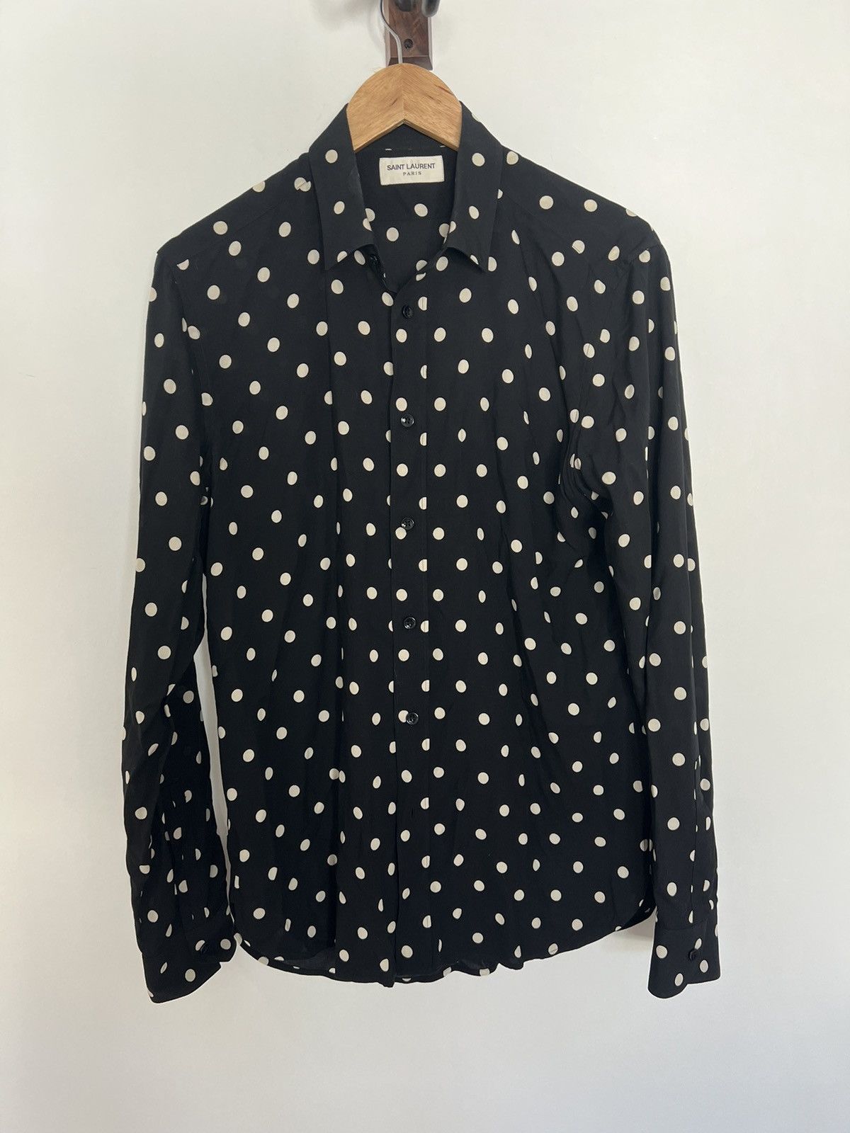 image of Saint Laurent Paris Hedi Viscoe Polka Shirt Fw16 in Black, Men's (Size Medium)
