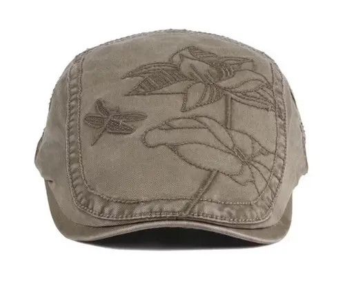 image of Y2K Embroidery Lotus Berets Hat Cap Beanie in Brown, Men's