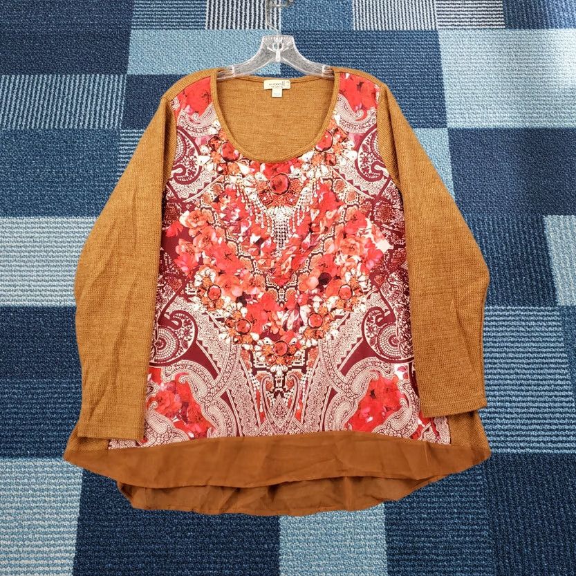Vintage One World Pullover Sweater Womens 2X Orange Paisley Rhinestones Bling Scoop Neck Long Sleeve Knit Pullover Size XXL / US 16-18 / IT 52-54 - 1 Thumbnail