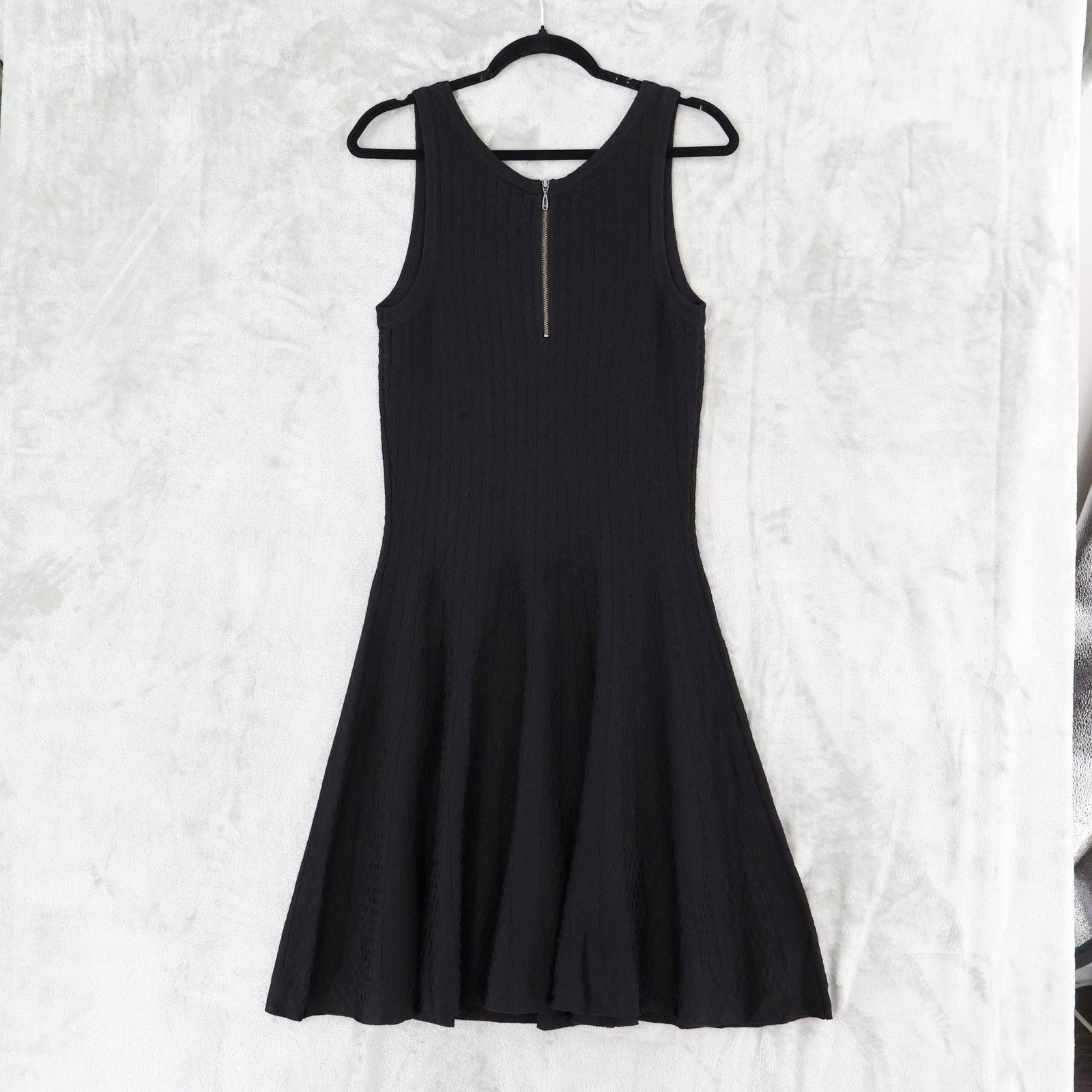 NIC+ZOE Black Ribbed Knit Fit Flare Midi Dress Womens L