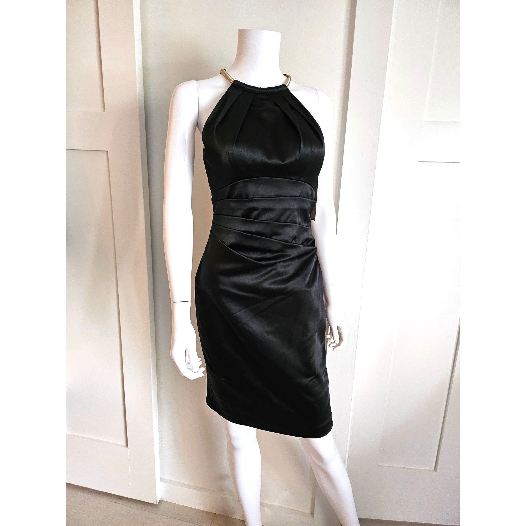 Eliza J. Missy Black Satin with Gold-tone Halter/Choker Dres