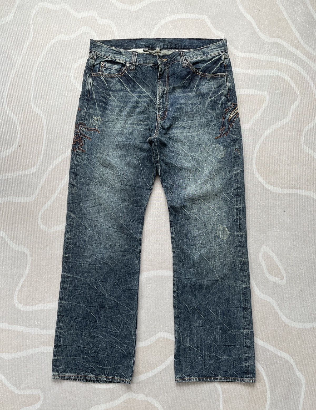 Japanese Brand Flame Embroidery Jeans (LG105) Size US 36 / EU 52 - 2 Thumbnail