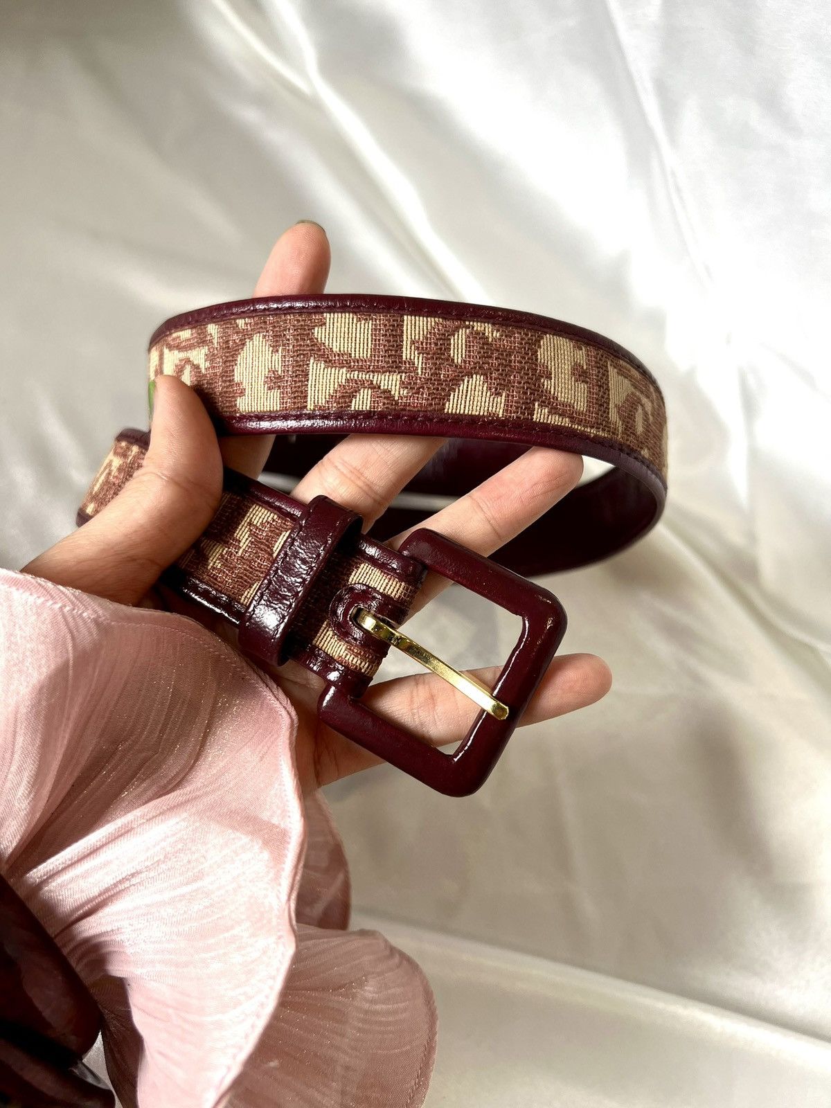 Dior Leather Belt – Burgundy/Beige Monogram