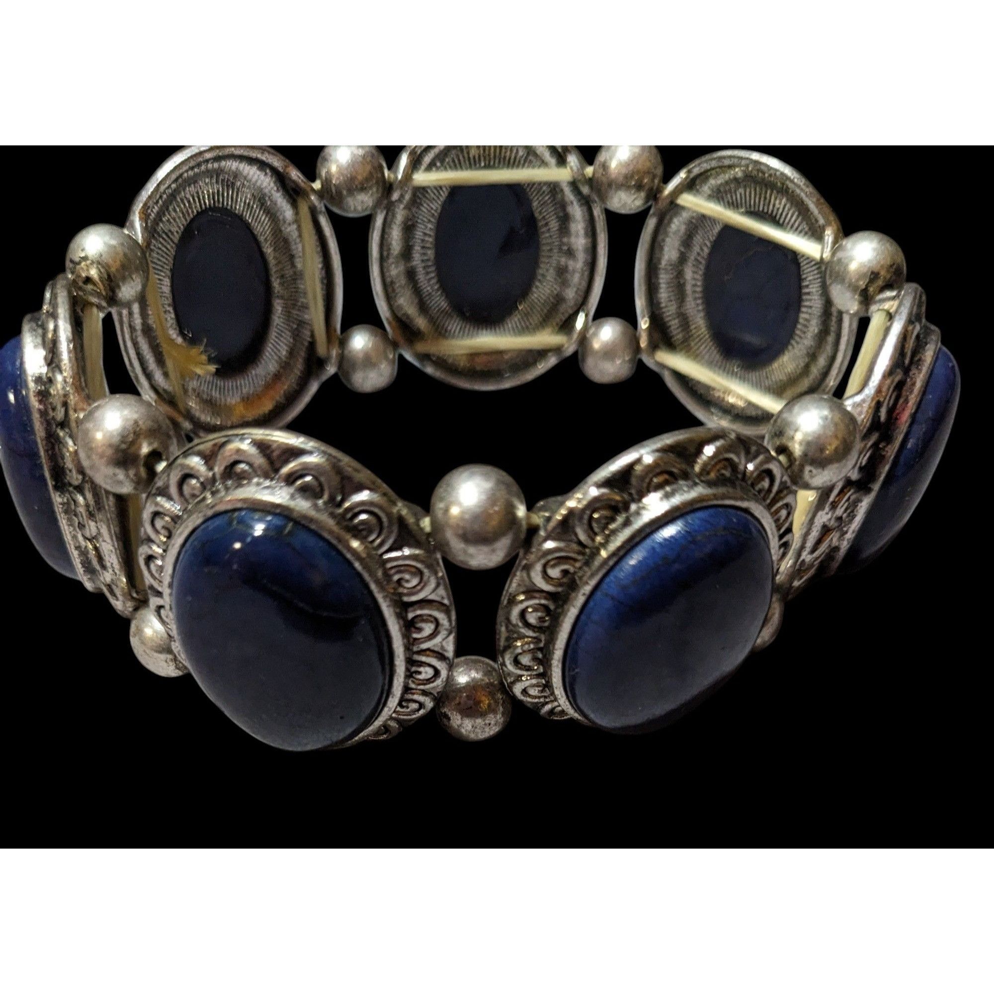 Other Silver Tone And Blue Cabochon Vintage Style Stretch Bracelet Size ONE SIZE - 2 Thumbnail