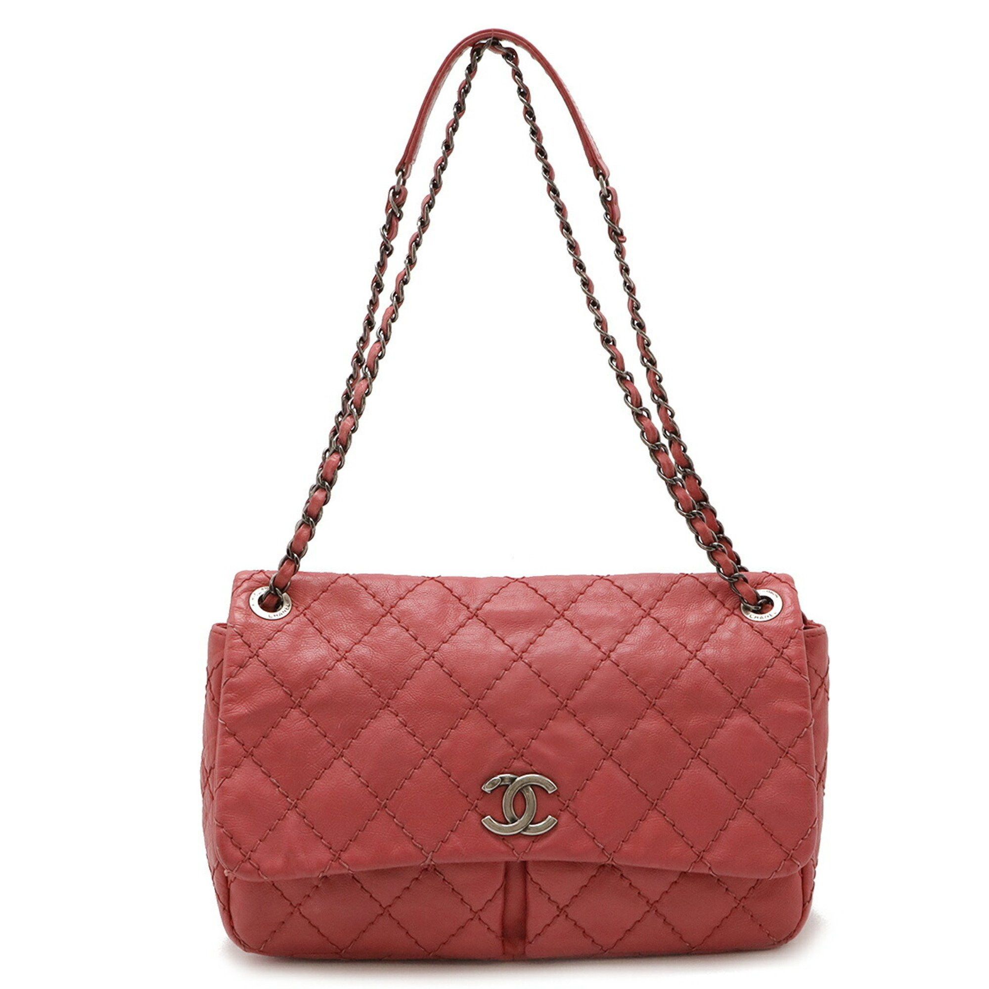 Chanel Wild Stitch Matelasse Coco Mark Chain Shoulder Bag Leather Pink A67725, Women's