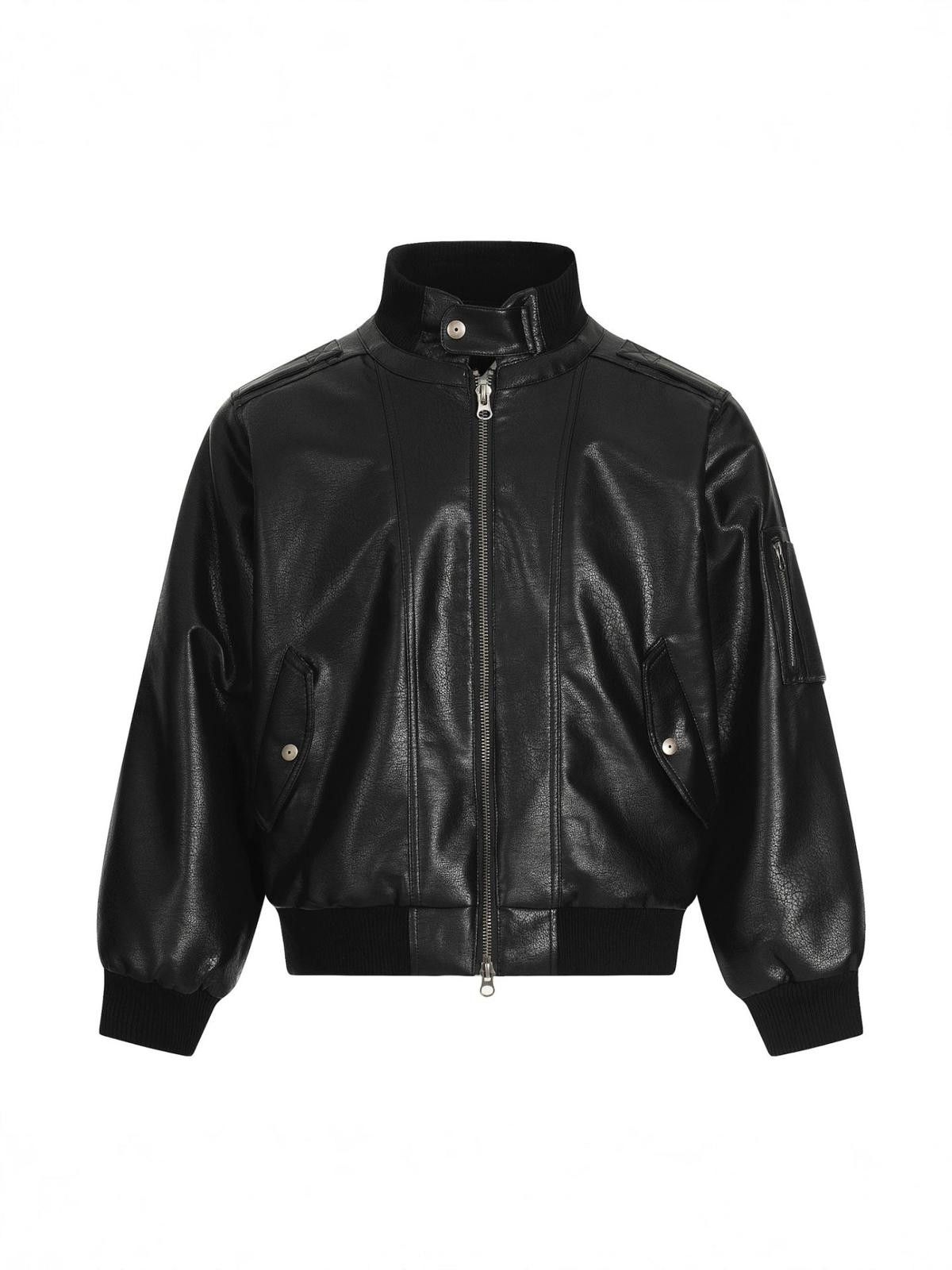 Black Faux Leather Bomber Jacket Relaxed Fit Outerwear
