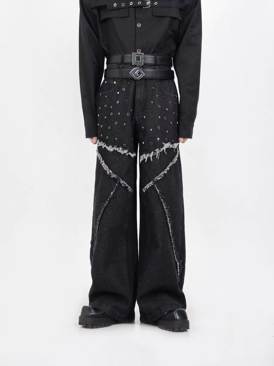 Heavyweight patchwork raw edge baggy straight leg jeans