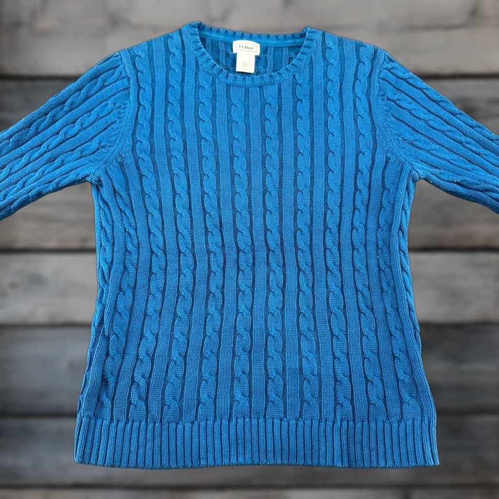 Vintage LL Bean Sweater Woman Small Blue Pullover Cable Knit Cotton Crew Neck Chunky Size S / US 4 / IT 40 - 1 Thumbnail