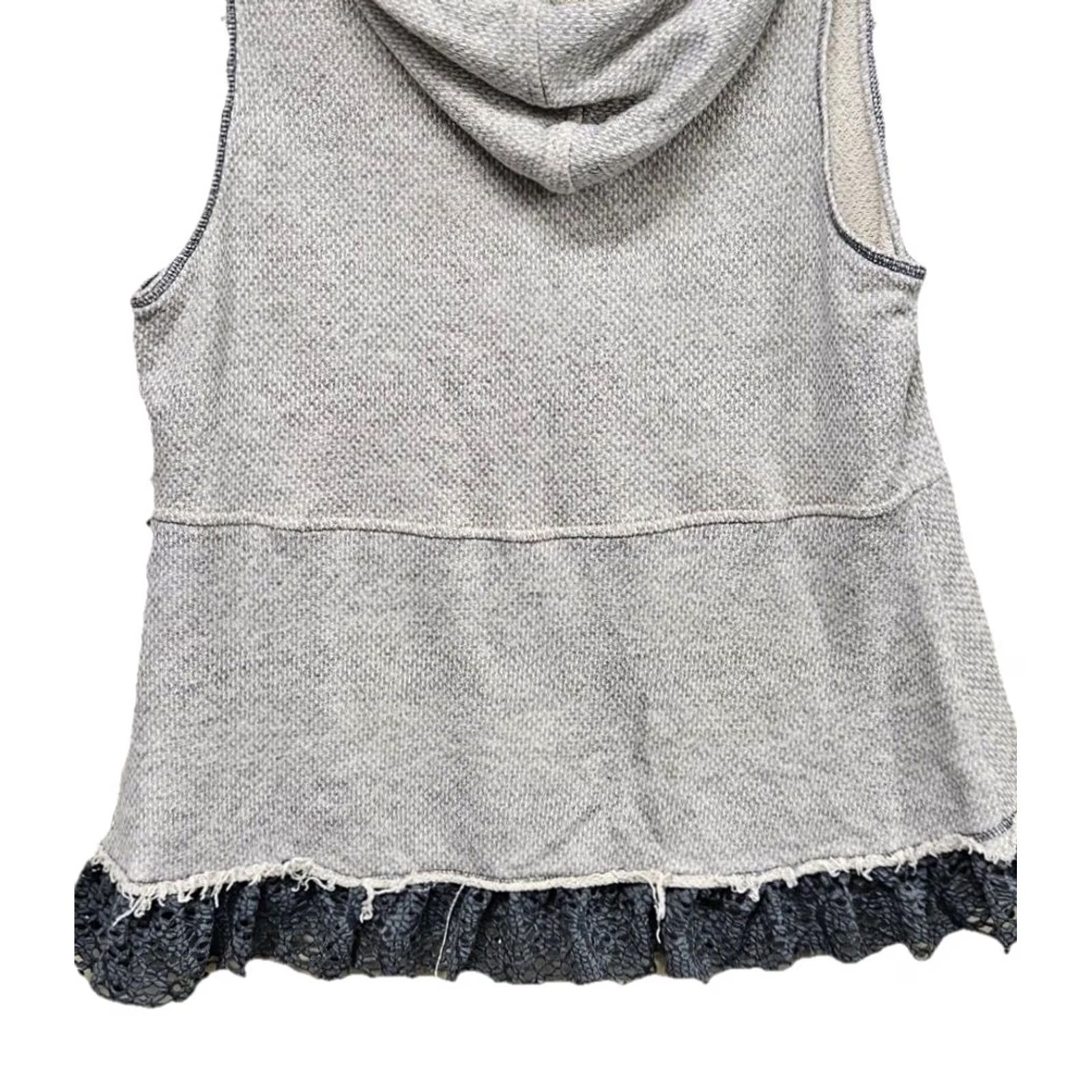 Vintage ODDY Boho Women’s Hooded Sleeveless Vest Full Zip Crochet Lace Trim Ruffle Hem Ivory L Womens Activewear Hoodie Shirt (Vest) Size L / US 10 / IT 46 - 5 Thumbnail
