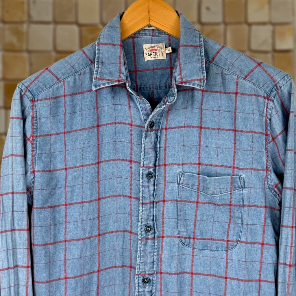 Faherty Faherty Shirt Indigo Dyed Plaid Lightweight Flannel Button Up Small Slim Fit Shirt Size US S / EU 44-46 / 1 - 1 Thumbnail