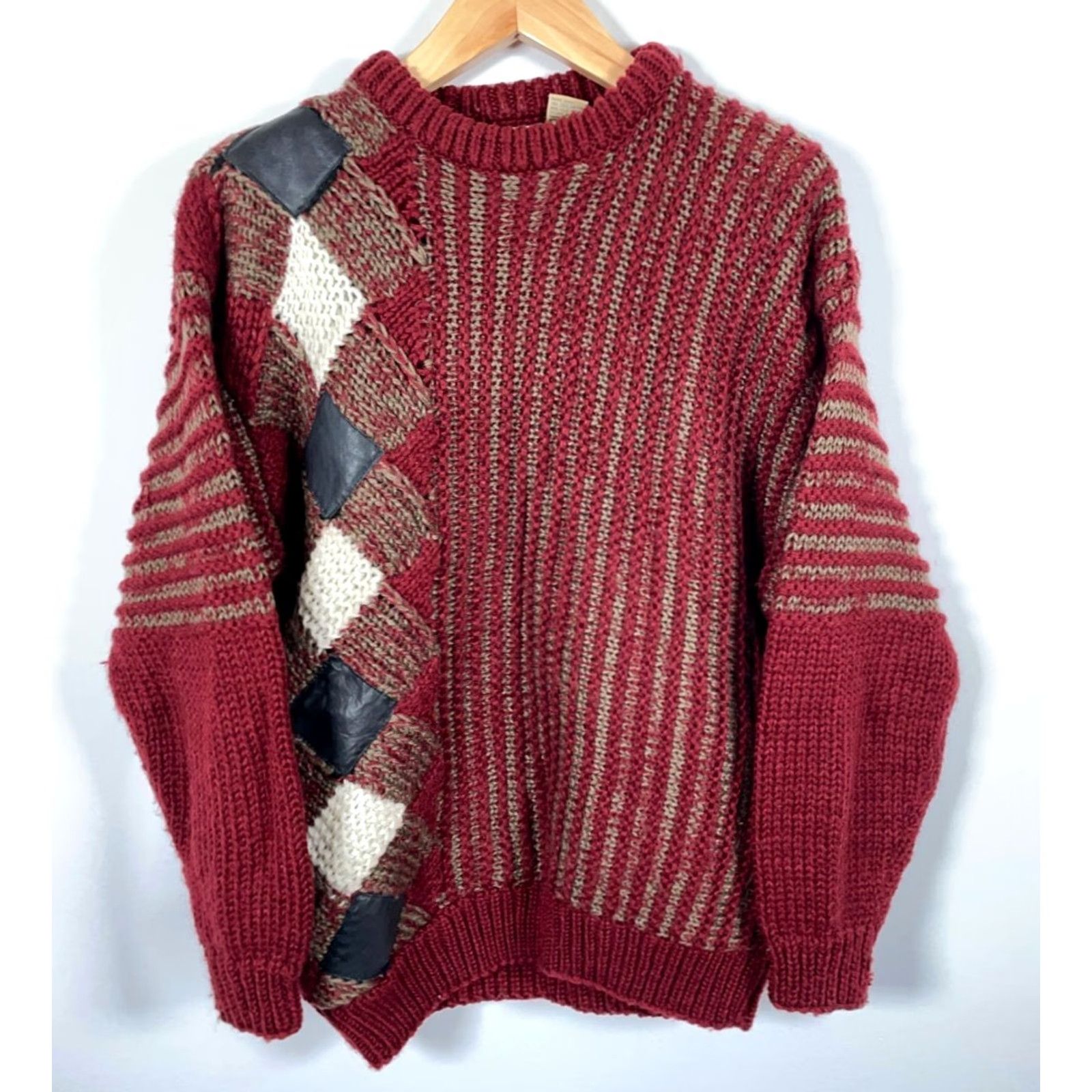 Vintage VINTAGE 80s Leather Trim Heavyweight Knit Sweater Men's Large Red Crewneck Pullover Striped Casual Essentials Mens Size US L / EU 52-54 / 3 - 2 Thumbnail