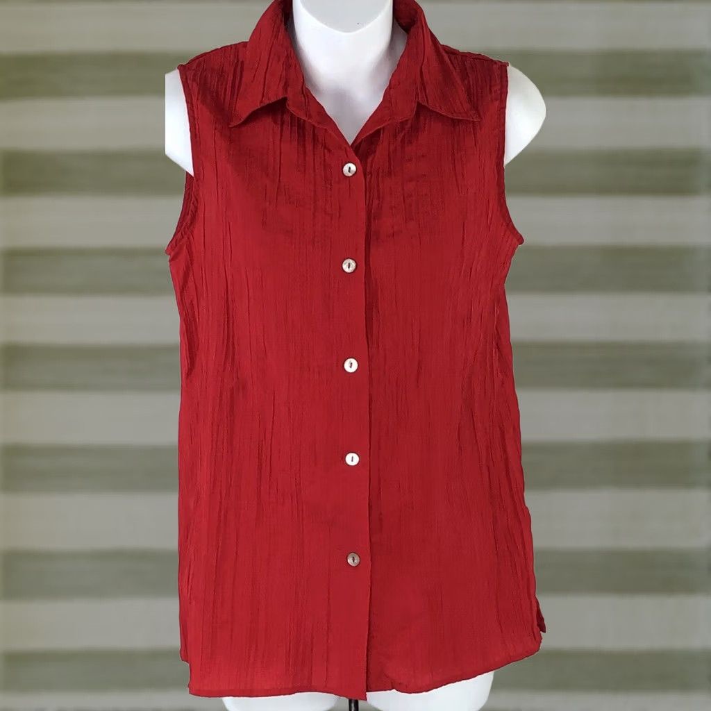 Vintage White Stag Shirt Womens S Red ButtonUp Collar Sleeveless Crepe Top Classic Office Capsule Size S / US 4 / IT 40 - 1 Thumbnail