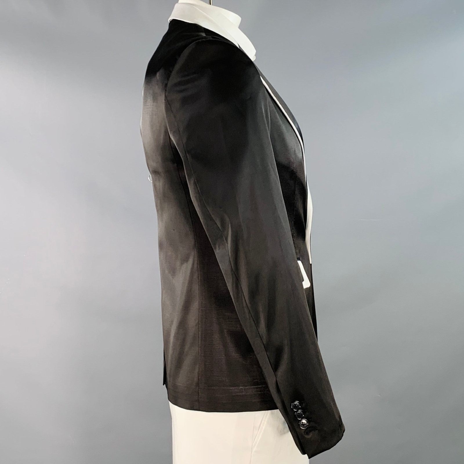 Raf Simons Black White Satin Wool Acrylic Peak Lapel Contrast Trim Size 42R - 2 Thumbnail