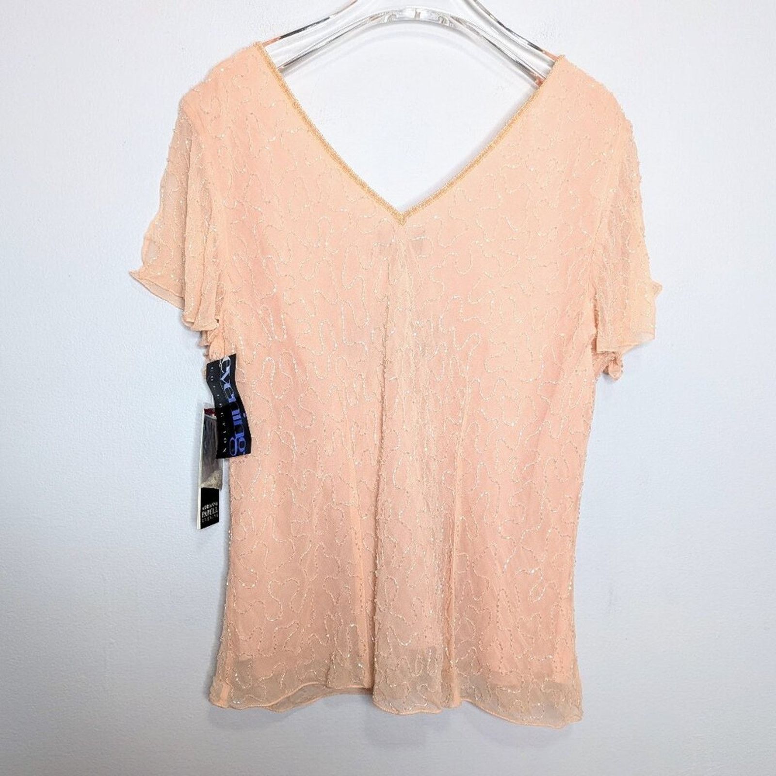 Adrianna Papell Adrianna Papell Pink Short Sleeve Beaded Sequin V-Neck Top Size XL / US 12-14 / IT 48-50 - 2 Thumbnail