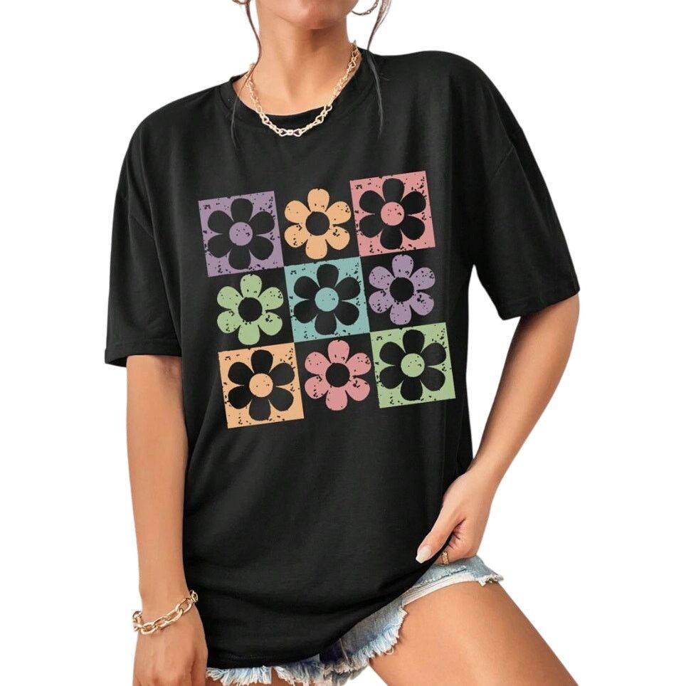 Shein Floral Printed Short Sleeve T-Shirt in Black, Size L Size L / US 10 / IT 46 - 1 Preview