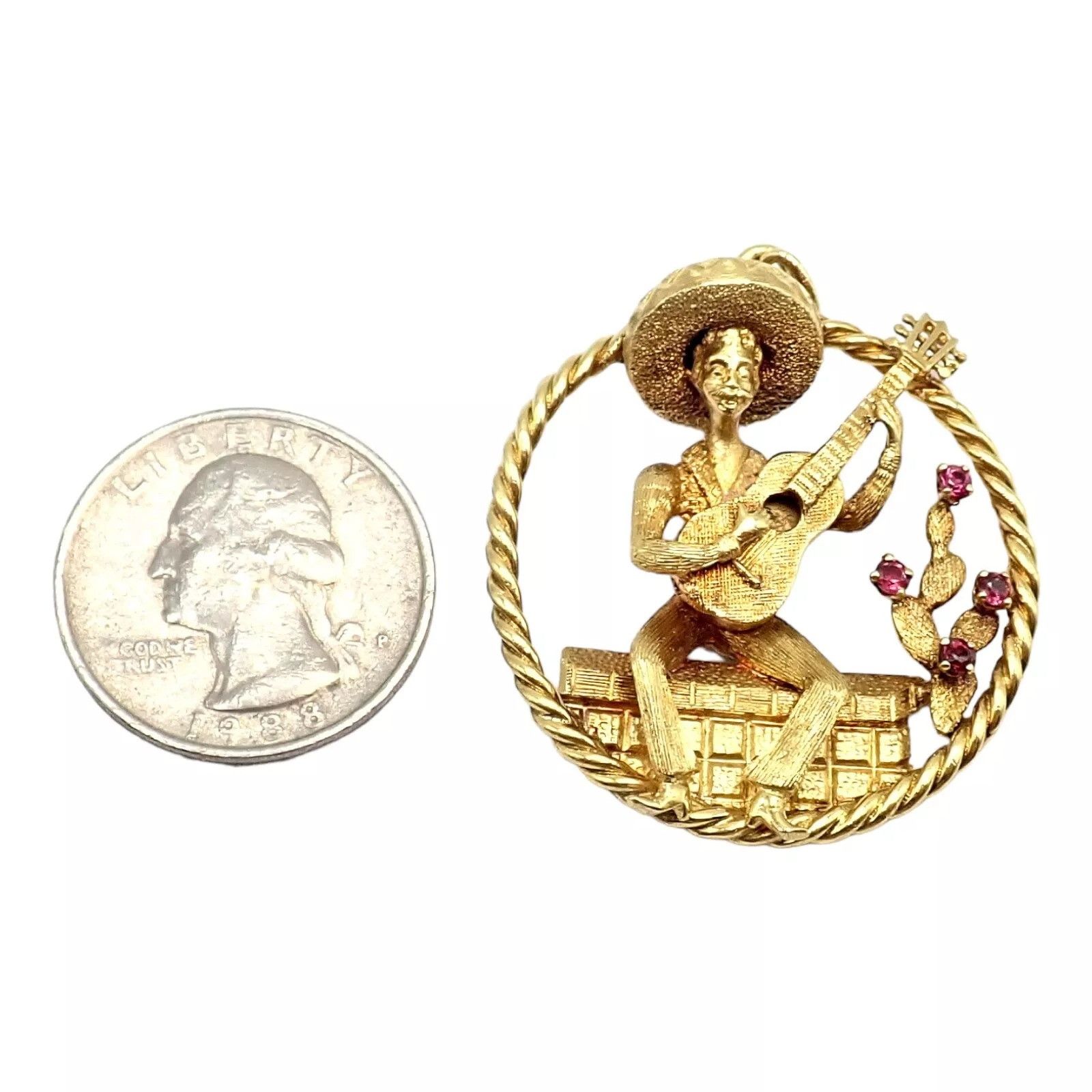 Vintage Rudi Cherny Yellow Gold Guitar Player Cactus Ruby Pendant Size ONE SIZE - 4 Thumbnail