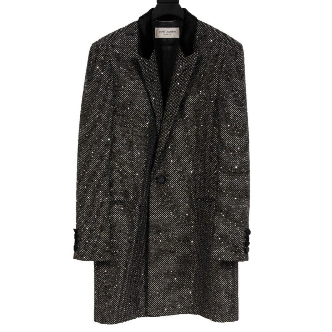 Saint Laurent Paris Single Breasted Sequin Overcoat Silver Black Coat Size US L / EU 52-54 / 3 - 1 Thumbnail
