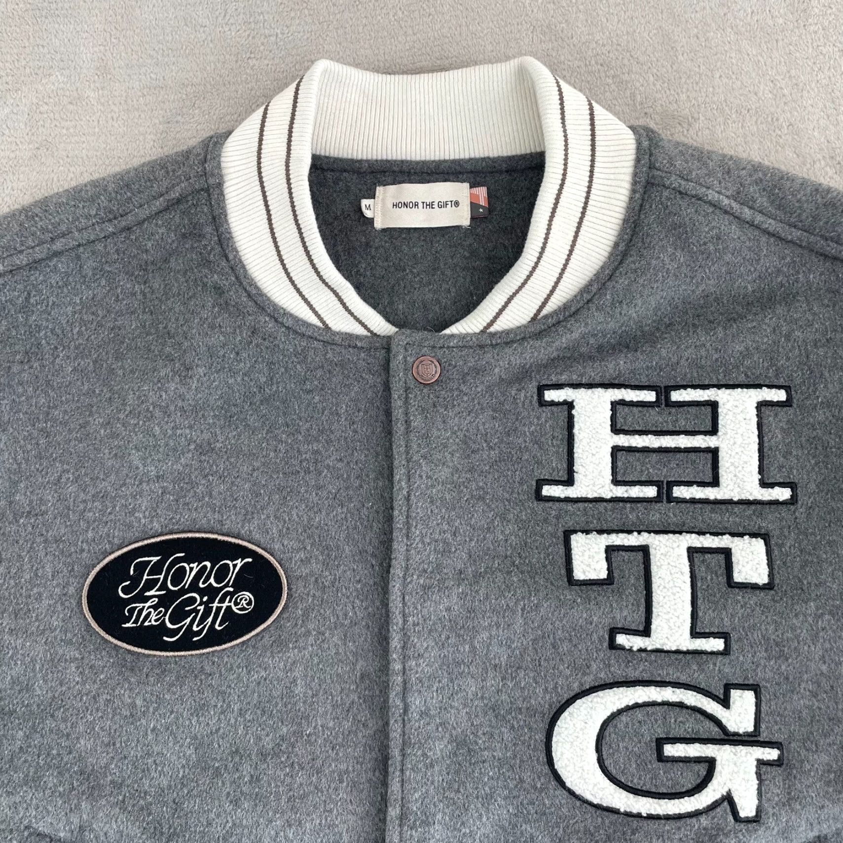 Honor the Gift Honor The Gift HTG Letterman Varsity Jacket Men Medium Wool Gray NWOT Snap Up Size US M / EU 48-50 / 2 - 4 Thumbnail