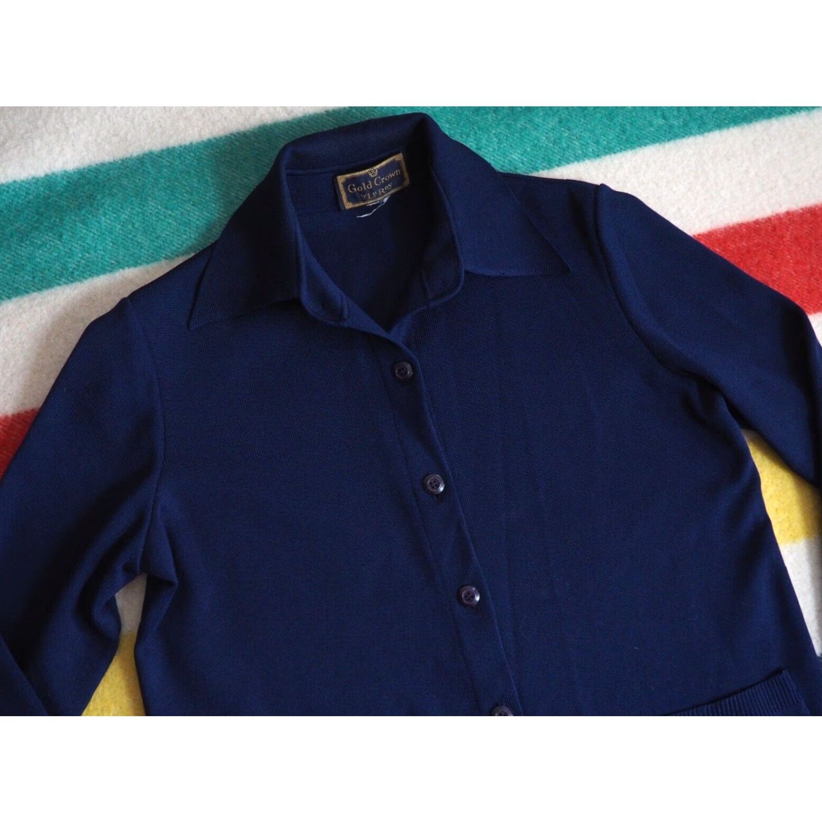 Old Navy VTG 70s Le Roy Gold Navy Blue Poly Button Pocket Cardigan Sweater Shirt Womens M Size M / US 6-8 / IT 42-44 - 2 Thumbnail