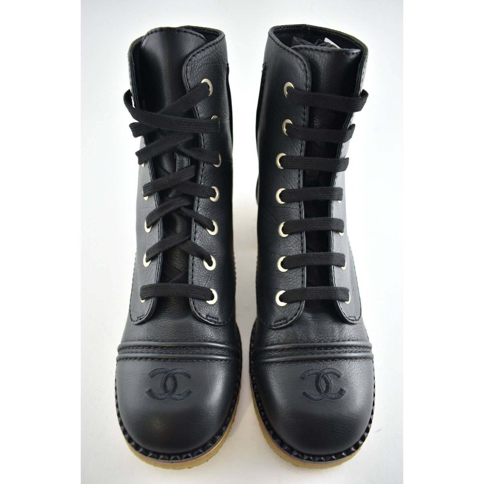 Chanel Chanel 20P Black Calfskin Leather CC Combat Lace Up Biker Size US 7.5 / IT 37.5 - 4 Thumbnail