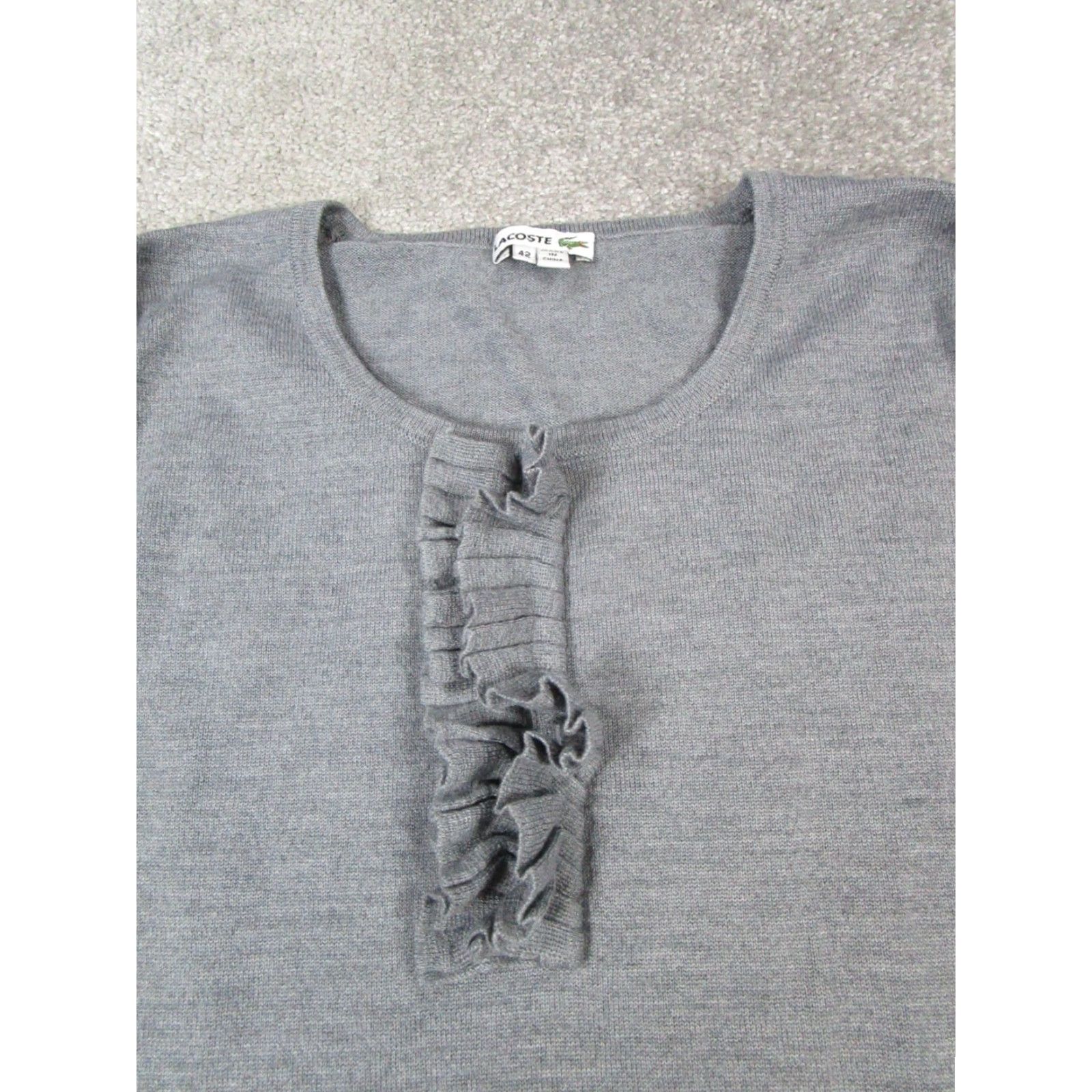 Lacoste Lacoste Women's Gray Wool Blend Ruffle Pullover Shirt Sweater L Large Round Neck Long Sleeve Size L / US 10 / IT 46 - 2 Thumbnail