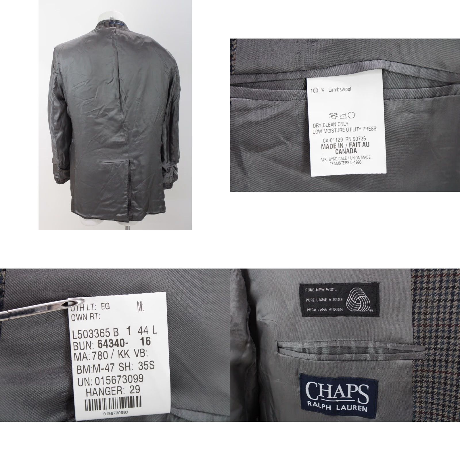 Chaps Chaps Ralph Lauren Blazer Men 44L Gray Lambswool Houndstooth Jacket Business Formal Party/Cocktail Travel Wedding Mens Size 44R - 8 Thumbnail