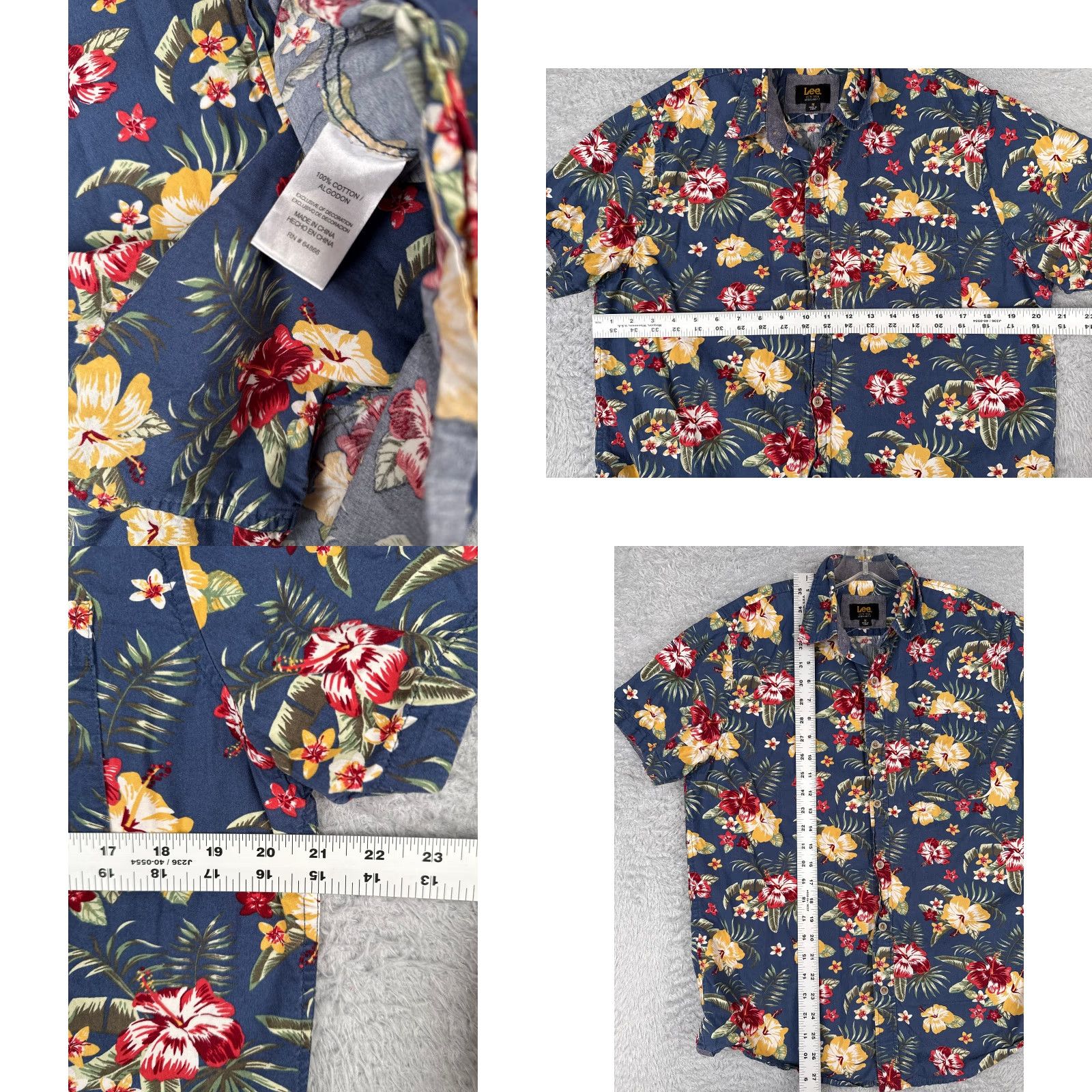 Lee Lee Shirt Men M Blue Floral Hibiscus Button-Up 100% Cotton Hawaiian Aloha Beach Vacation Resort Mens Size US M / EU 48-50 / 2 - 8 Thumbnail