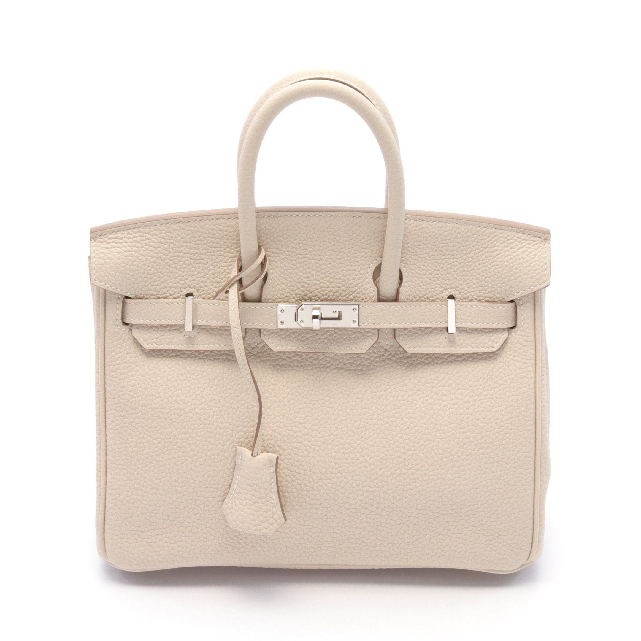 Hermes Birkin 25 Kure Handbag Clemence Leather Ivory Silver Hardware Double Engraved