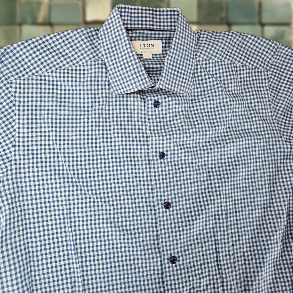Eton Eton Dress Shirt Mens XL Blue Gingham Poplin Cotton Button Up - 17.5 Neck - 44 17.5 Contemporary Slimming Non-Iron Wrinkle Resistant Easy Care Size 46R - 1 Thumbnail