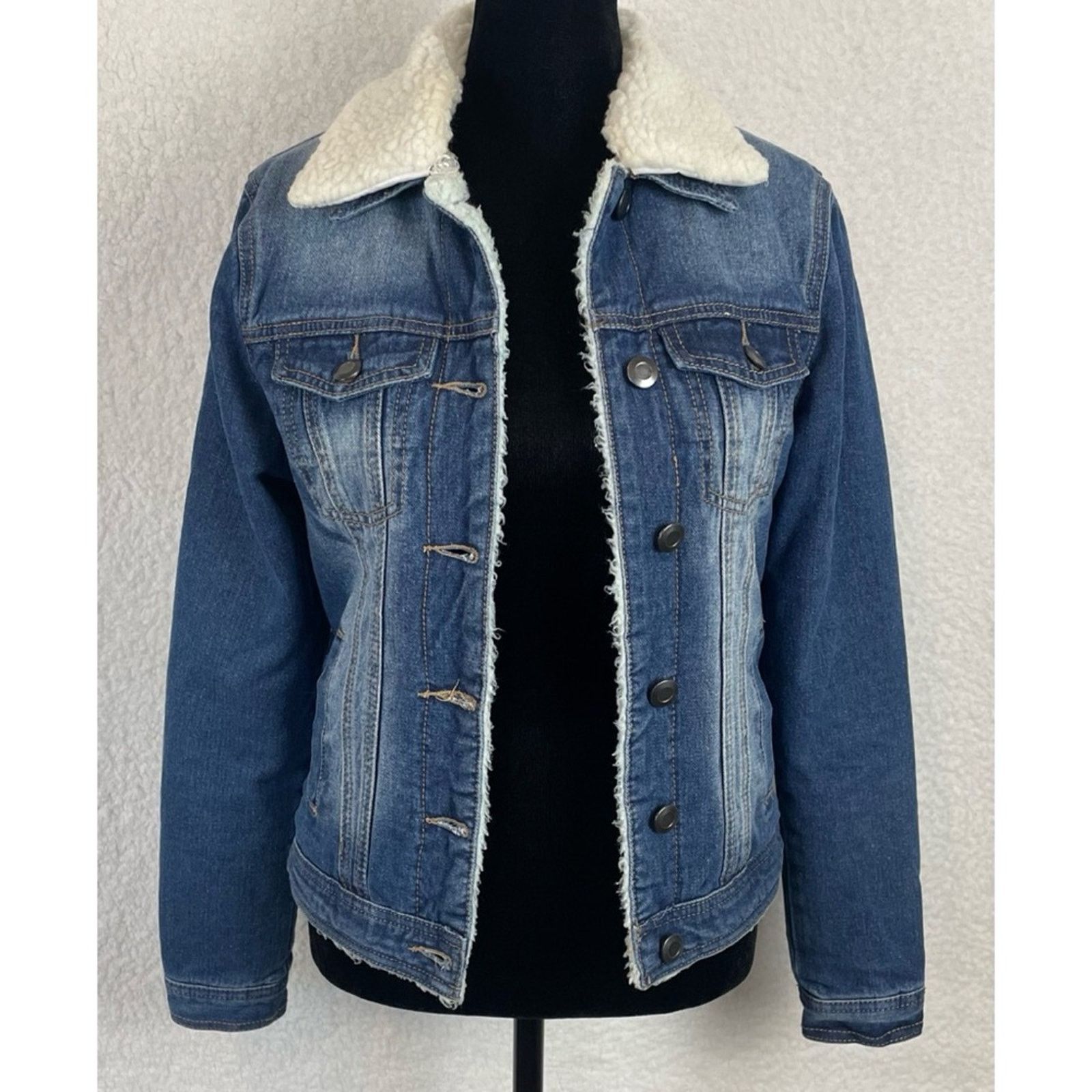 Boohoo BOOHOO • Blue/White Denim Sherpa-Lined Collared Jacket Size XS / US 0-2 / IT 36-38 - 16 Thumbnail