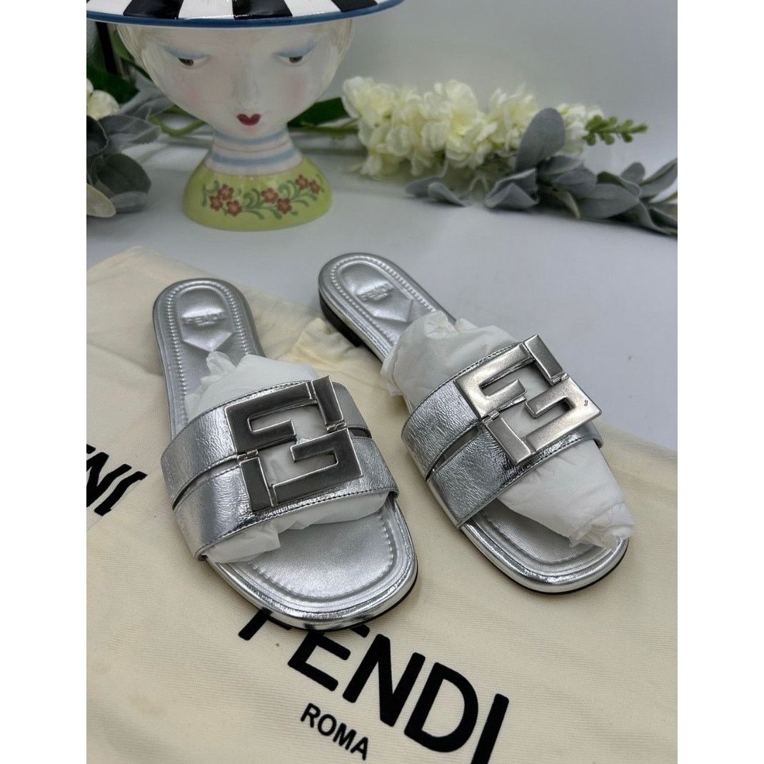 Fendi Fend Silver Slide Sandals - Metallic Leather Flat size 38 Size US 8 / IT 38 - 1 Thumbnail