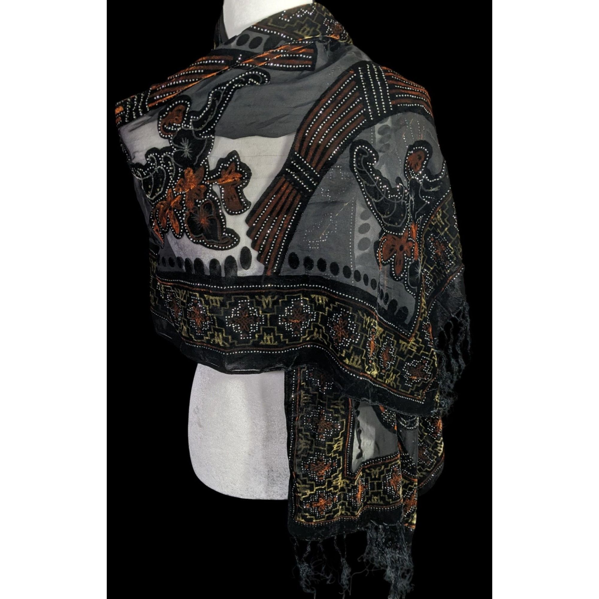 Other Vintage Glitter Burnt Velvet Floral Scarf With Fringe Elegan Size ONE SIZE - 1 Thumbnail