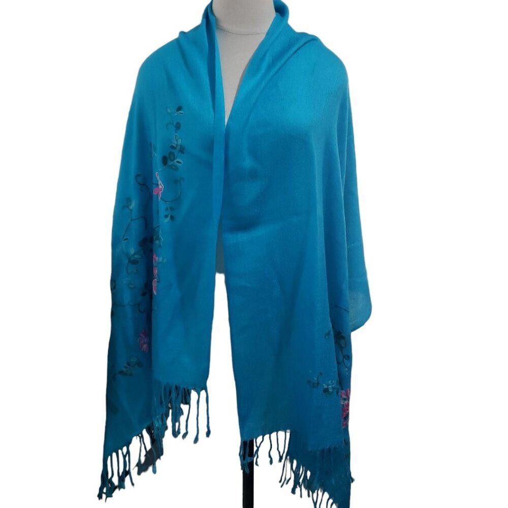 Designer CT1763 Turquoise 100% Cashmere Floral Wrap Size ONE SIZE - 1 Thumbnail