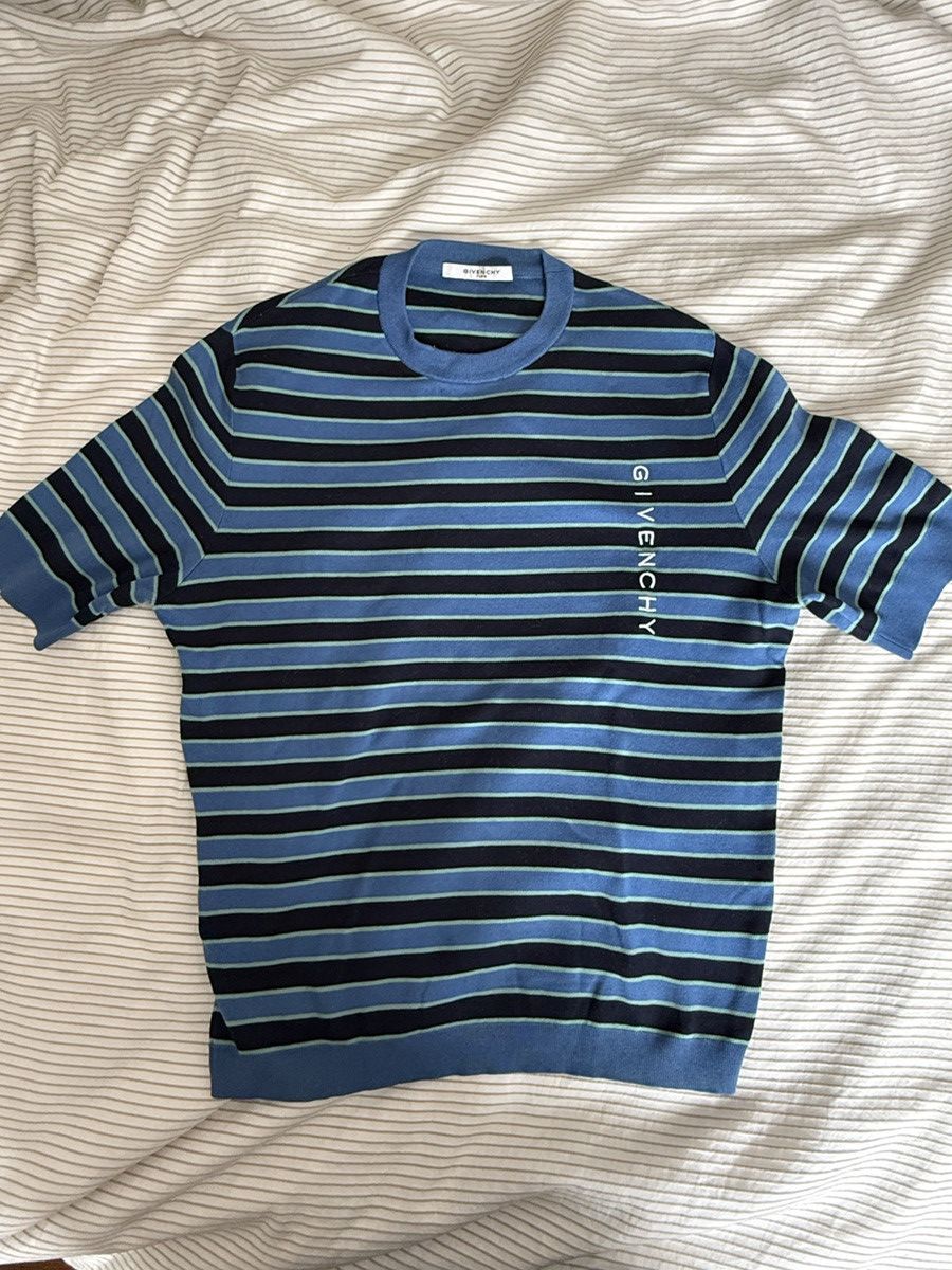 Givenchy Givenchy Blue Short Sleeve Striped Logo Knit Sweater Size US L / EU 52-54 / 3 - 1 Thumbnail