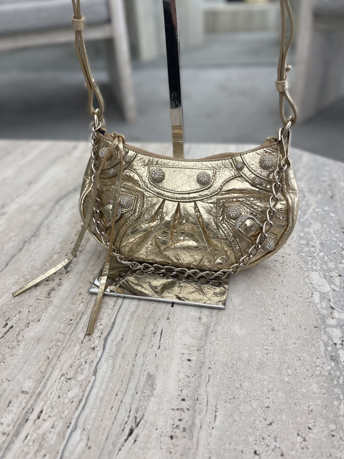 Balenciaga Le Cagole Mini Bag With Rhinestones In Light Gold, Women's