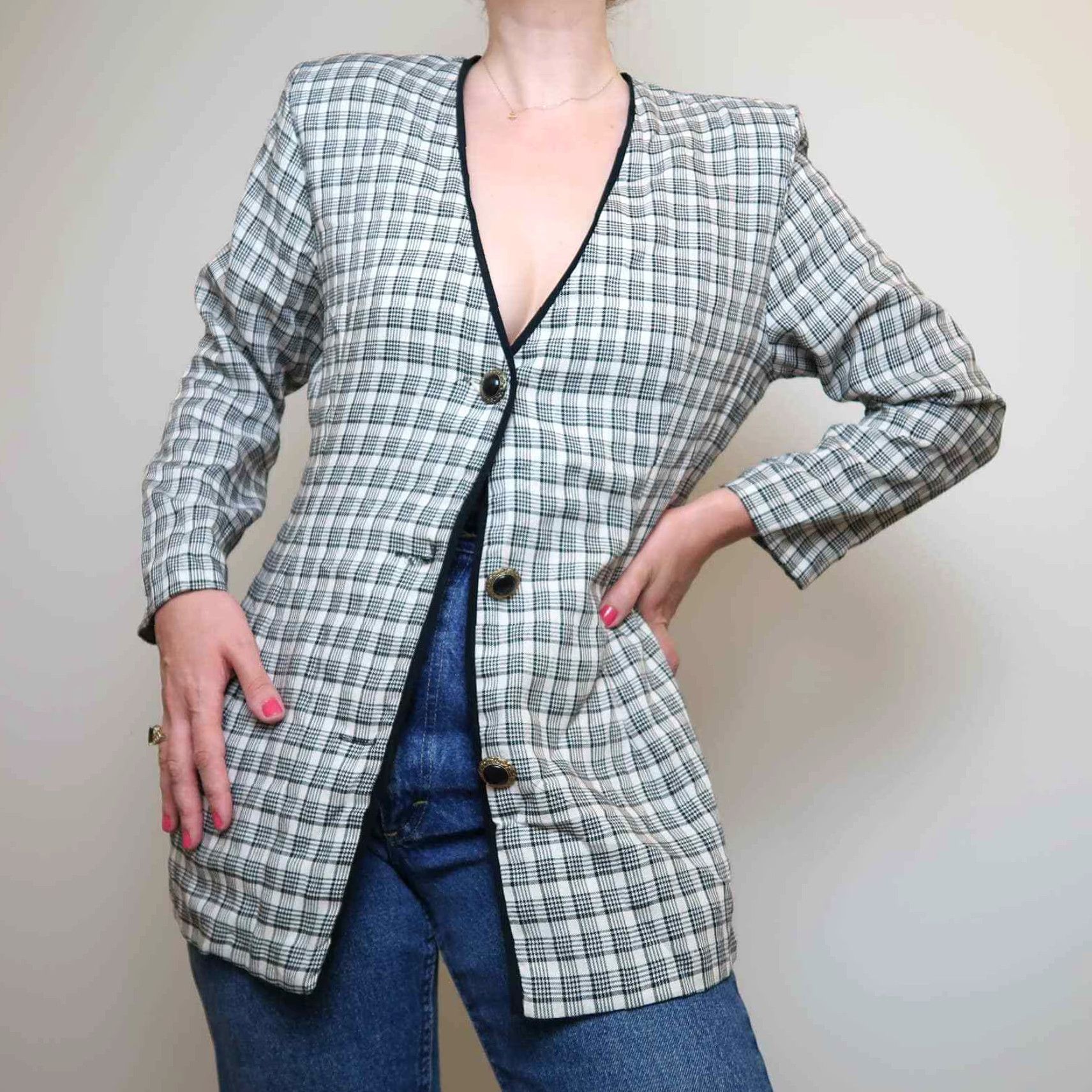 Vintage VINTAGE 90s Sketch Blazer Shirt Cream Plaid Lace Dicky M Mens Women? Size M / US 6-8 / IT 42-44 - 6 Thumbnail