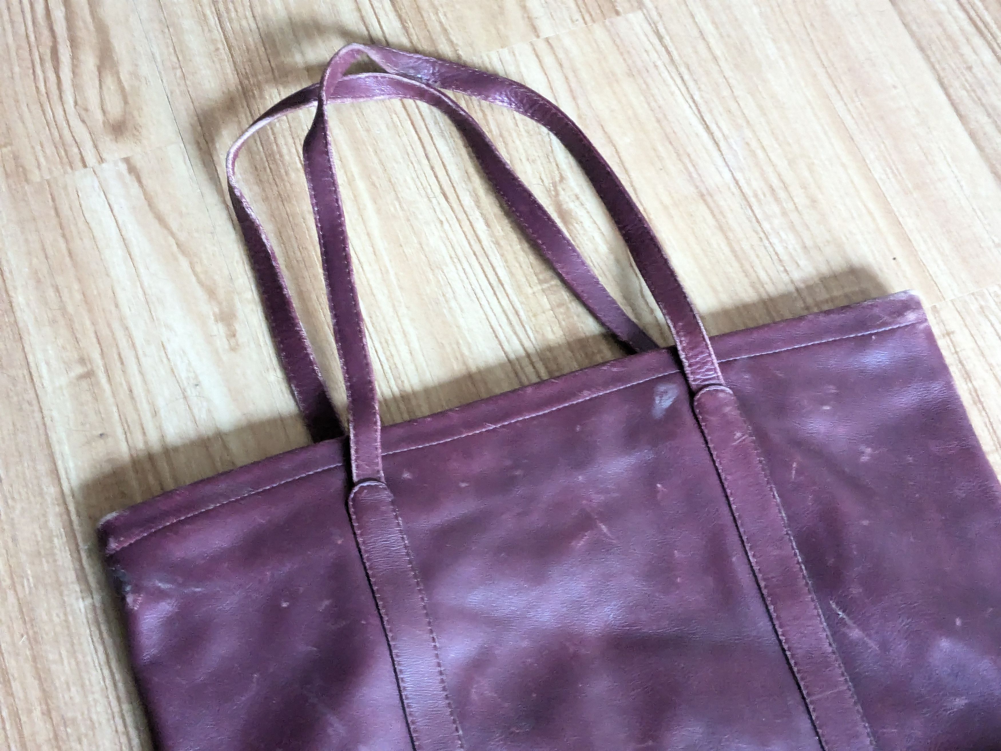 Genuine Leather Vintage Leather Tote Bag Burgundy Zipper Strap Pockets Size ONE SIZE - 6 Thumbnail