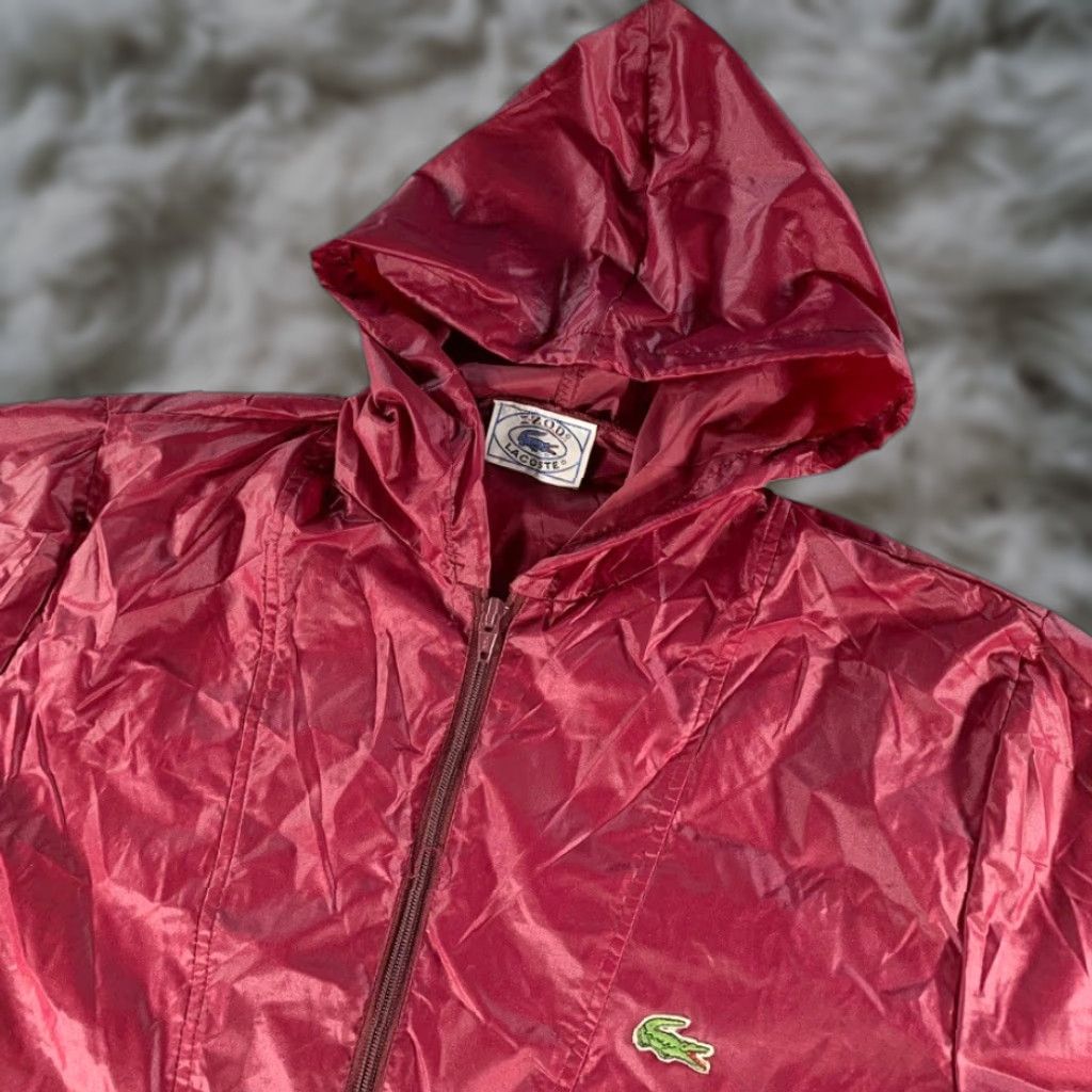 VTG Lacoste Men's Nylon Hooded Anorak Full Zip Jacket Burgundy Red Small
