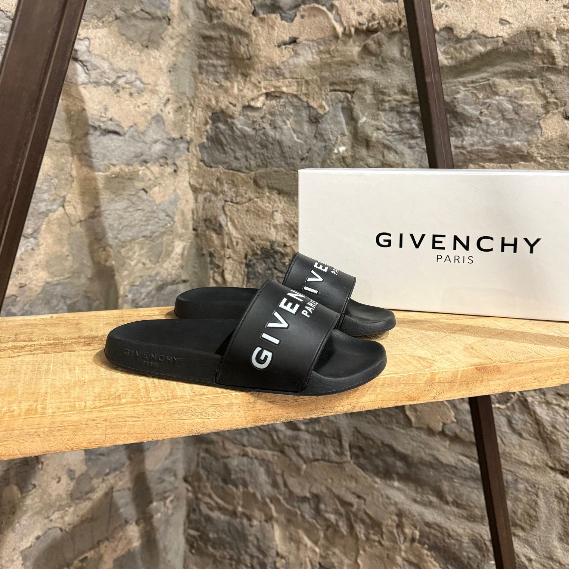 image of Givenchy Black White Logo Rubber Slide Sandals, Women's (Size 5)