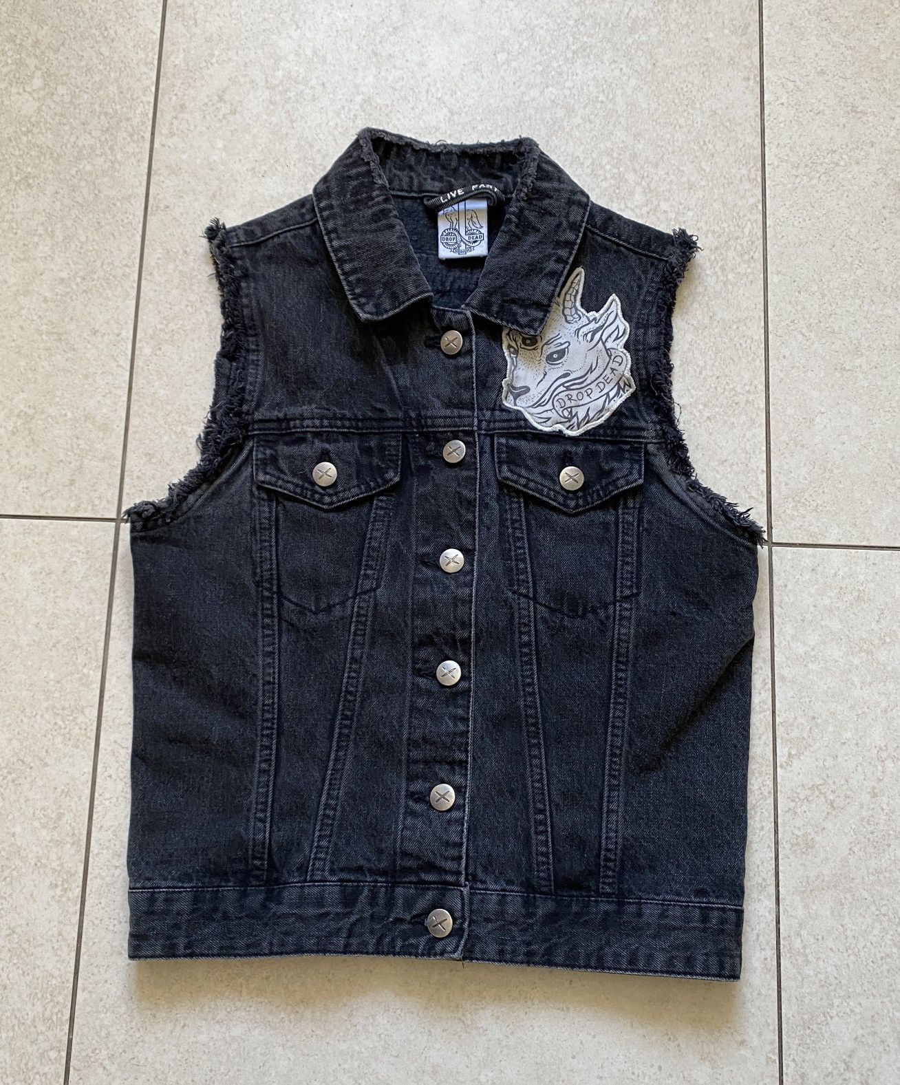 Drop Dead Rock Badges Embroidered Denim Vest
