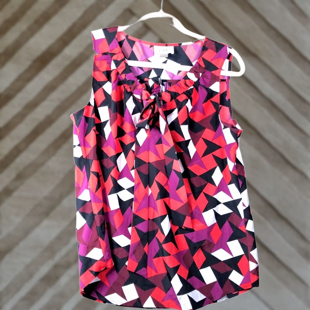 Ann Taylor Ann Taylor LOFT Blouse Womens Sleeveless Front Tie Small Multicolored Crew Neck Argyle/Diamond Pattern Chiffon Polyester Lightweight All Seasons Size S / US 4 / IT 40 - 1 Thumbnail