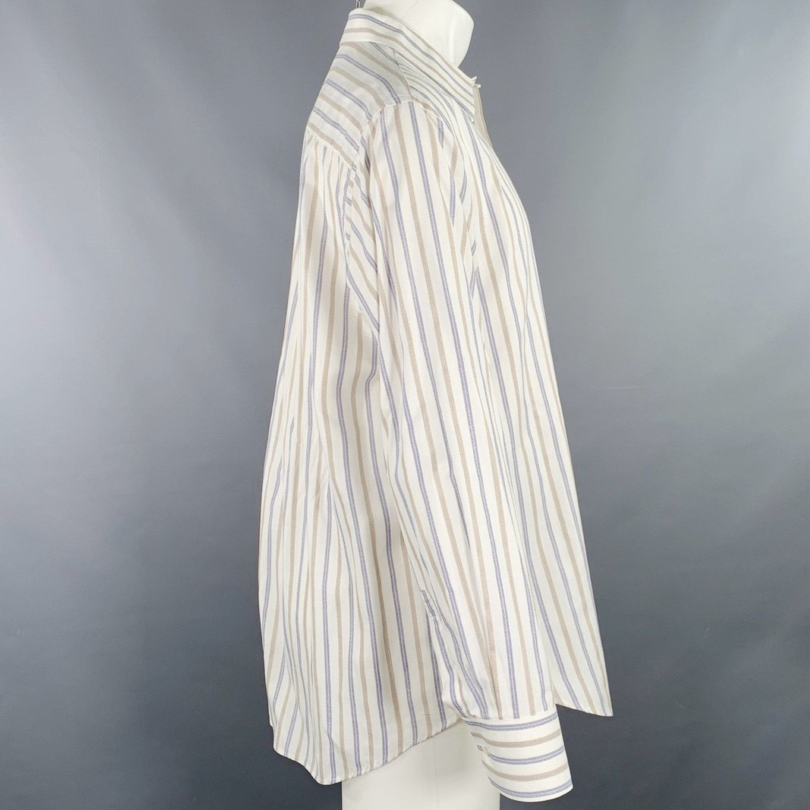 Giorgio Armani Off White Blue Tan Stripe One Pocket Long Sleeve Shirt Size US M / EU 48-50 / 2 - 3 Thumbnail