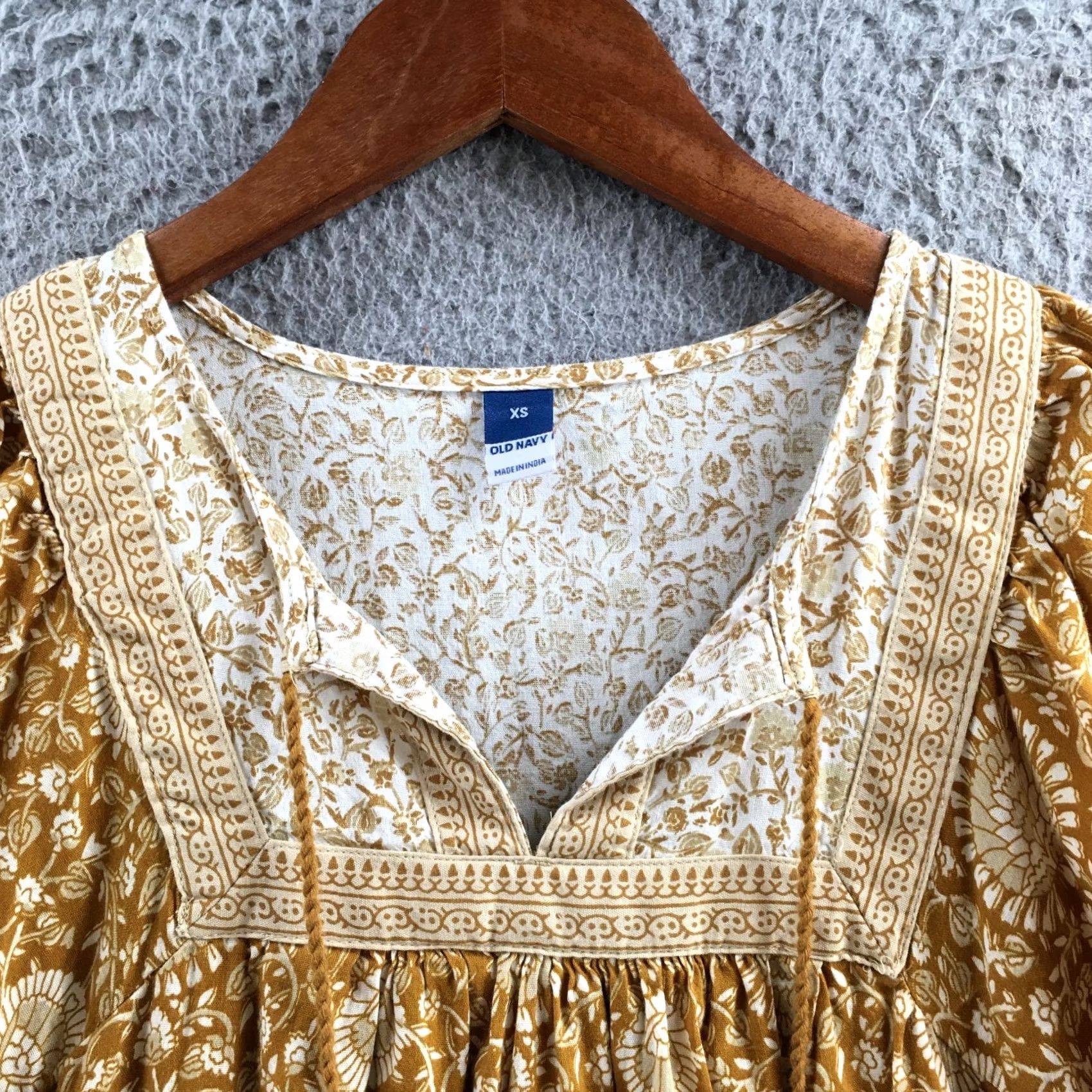Old Navy Old Navy Dress Womens XS Mustard Floral Short Puff Sleeve Boho Peasant Tassel Size 26" / US 2 / IT 38 - 3 Thumbnail