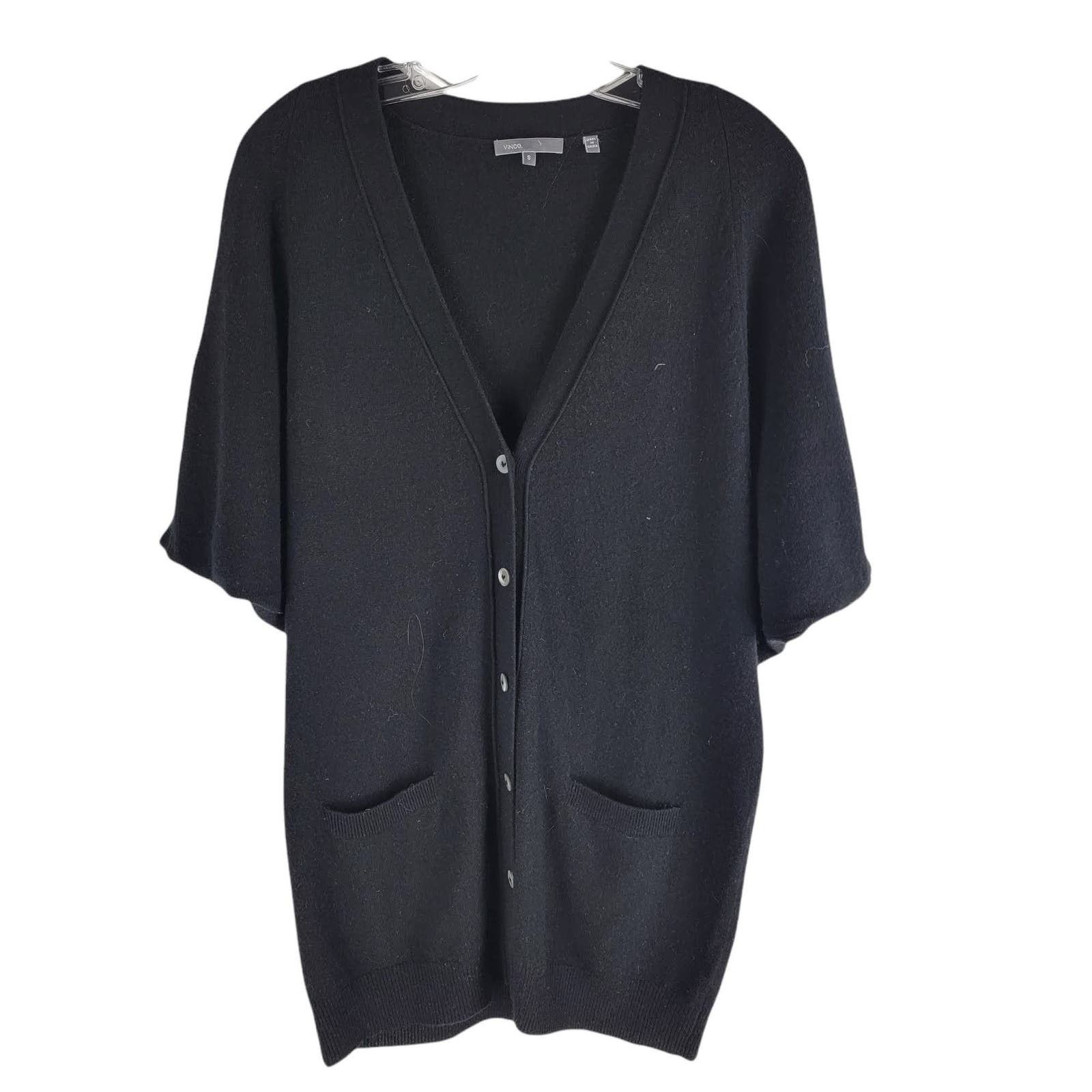 Image of Vince V-Neck 1/4 Button Up Cashmere Cardigan Dolman Sleeves in Black, Women's (Size Small)