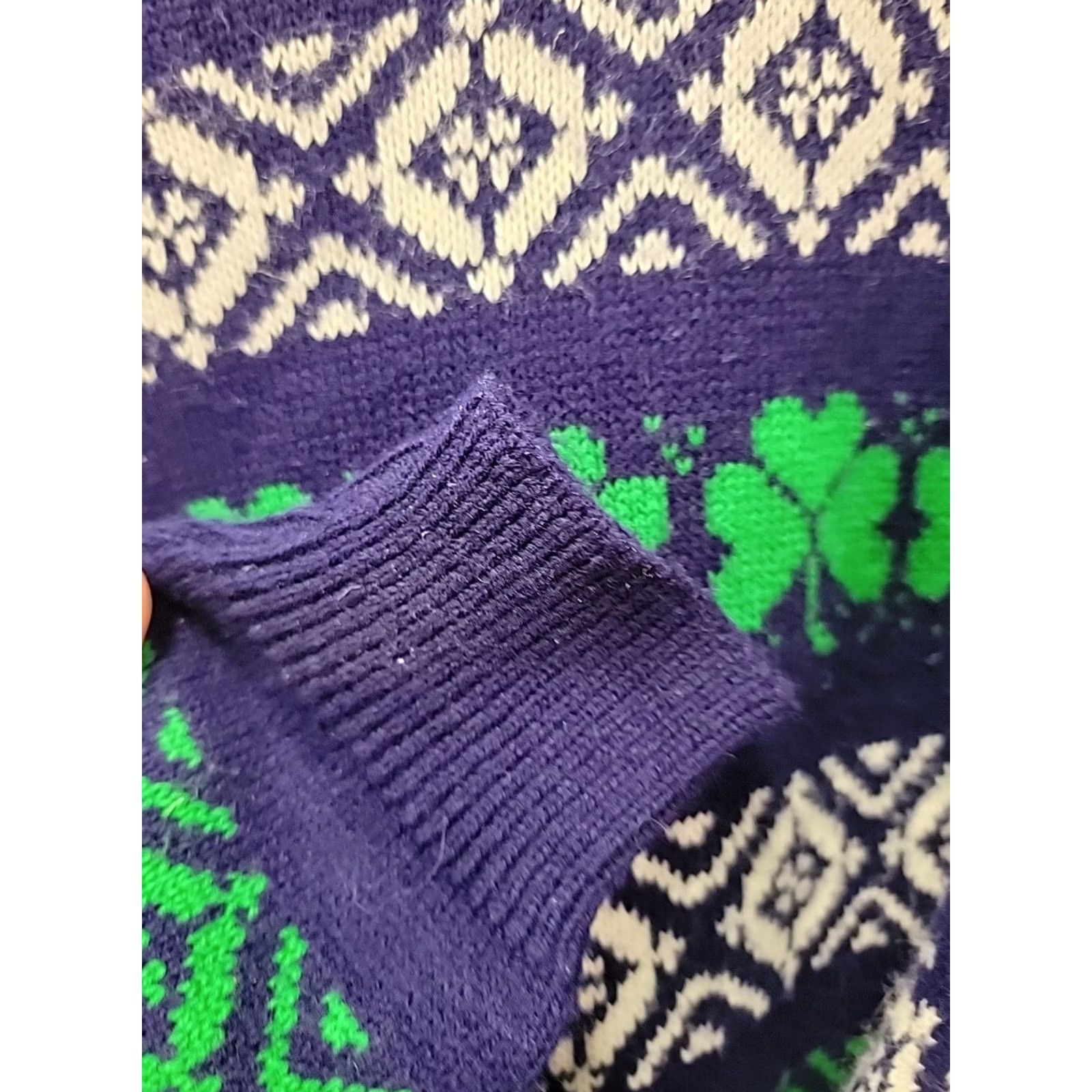 NEXT VINTAGE What's Next SHAMROCK Crew Neck Sweater Long Sleeve Unisex Adults L Blue Acrylic Knit Pullover St Patrick's Day Geometric Pattern Mens Womens Size US L / EU 52-54 / 3 - 5 Thumbnail