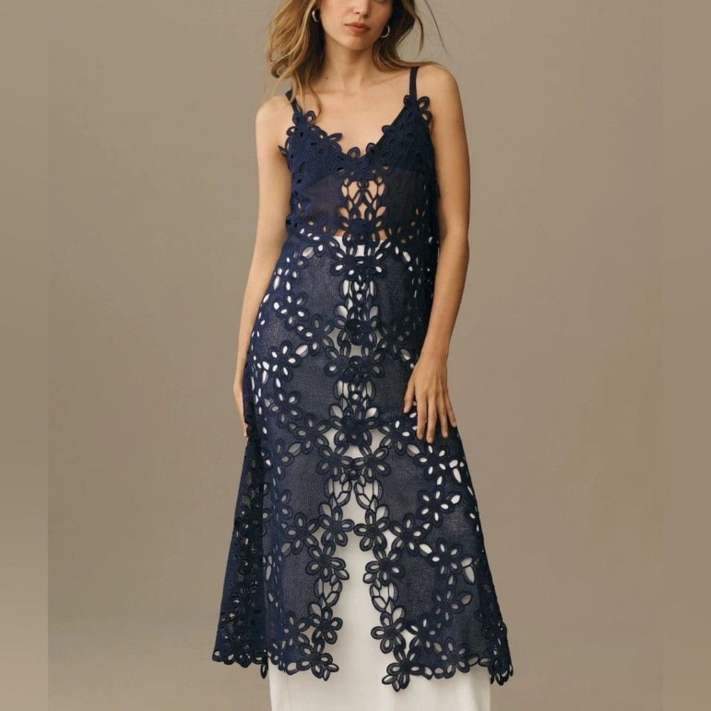 Anthropologie Anthropologie Strappy Cutwork Tunic Unlined Dress Navy Blue Size ONE SIZE - 1 Thumbnail
