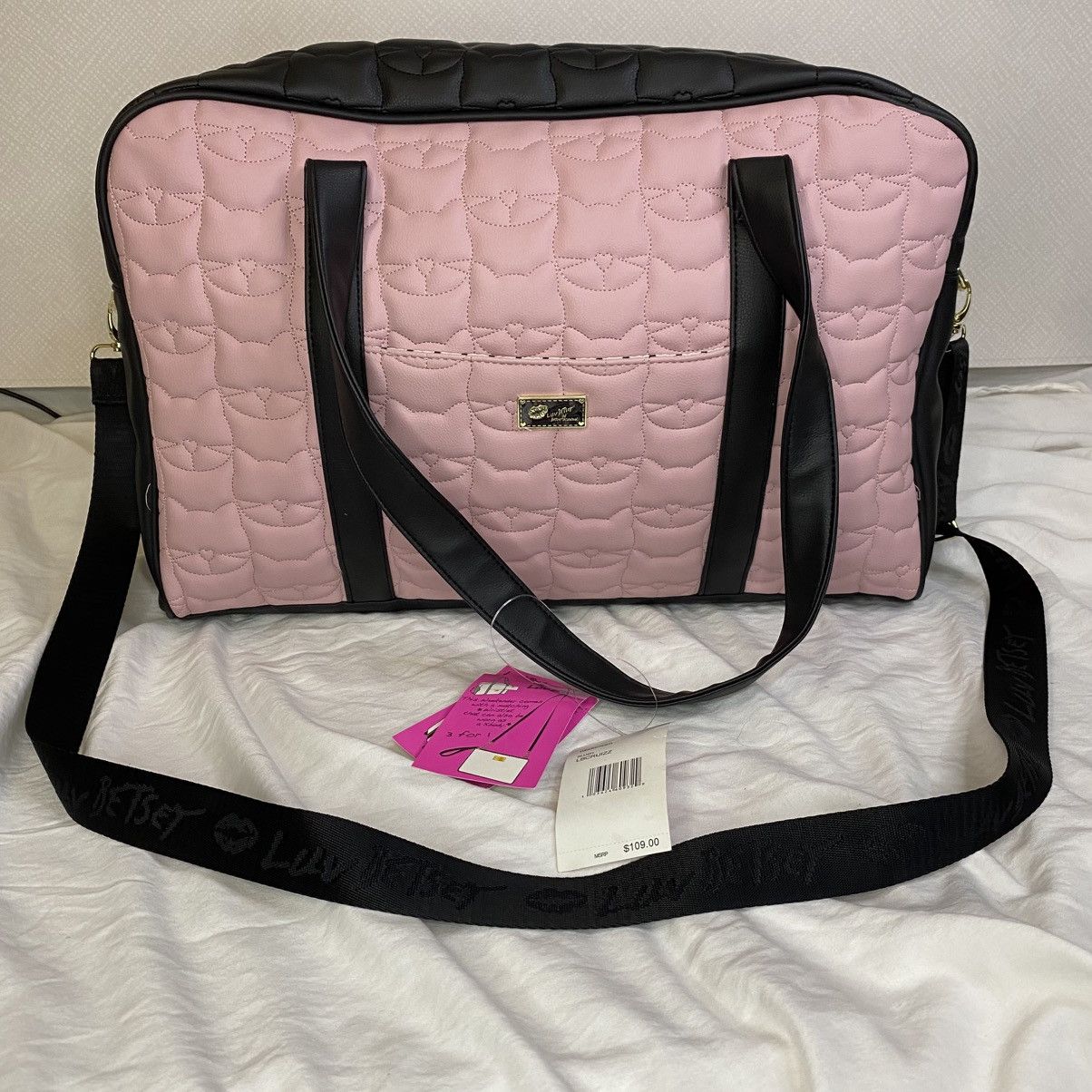 Betsey Johnson Weekender Bag Kitty Duffel Pink Black Nwt, Women's