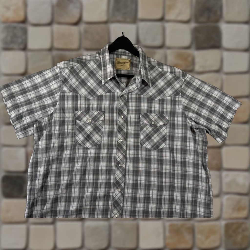 Wrangler Wrangler Shirt Mens 2XL Gray Plaid Pearl Snap Short Sleeve Cowboy Rodeo Western Size US XXL / EU 58 / 5 - 1 Thumbnail